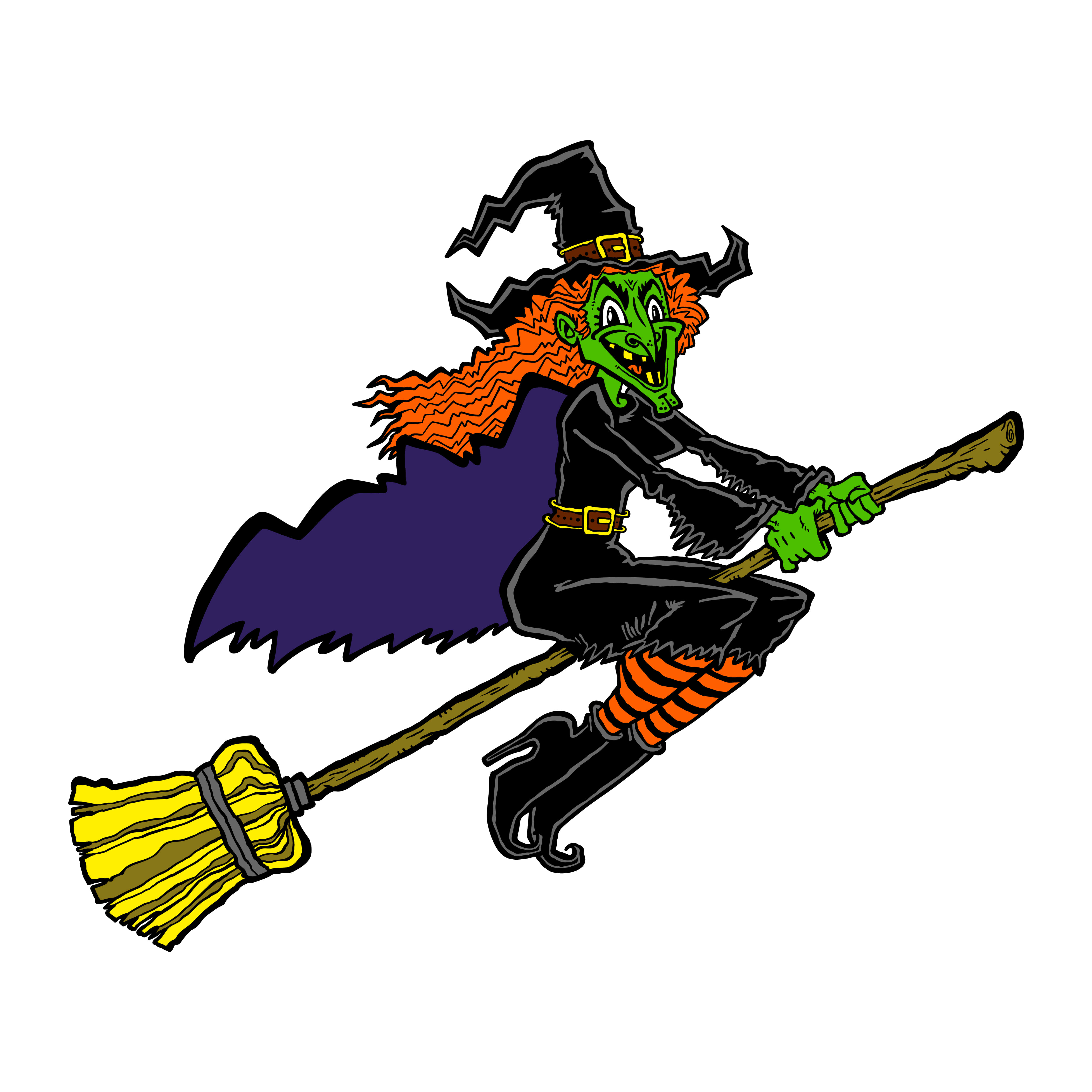 Witches Broom 桌布 壁紙 — 一個綠色皮膚、橙色頭髮的卡通女巫，穿著黑色帽子和斗篷，騎著掃帚飛行。