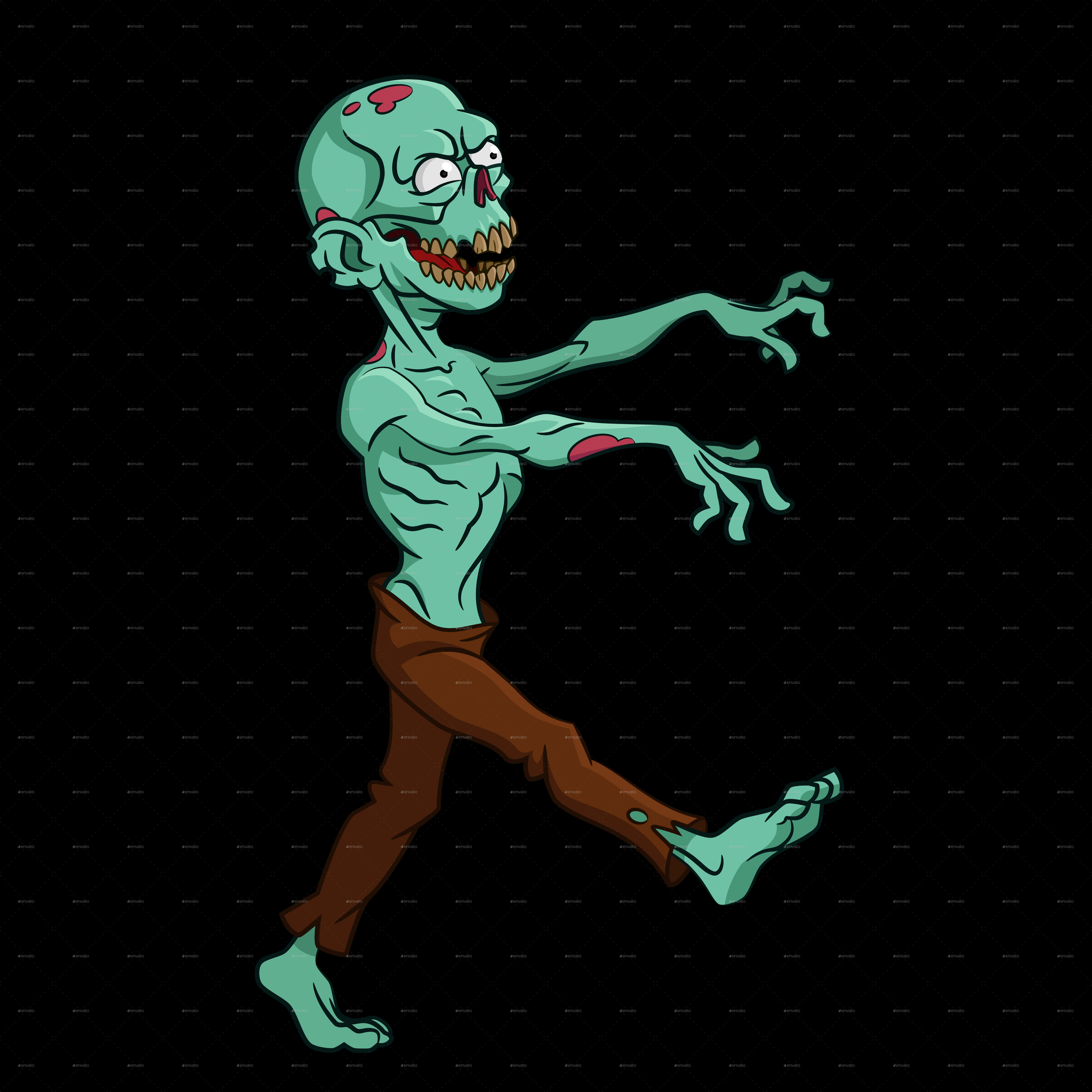 Undead 桌布 壁紙 — 一個綠色皮膚、穿著棕色褲子的卡通殭屍在黑色背景前蹣跚前行。
