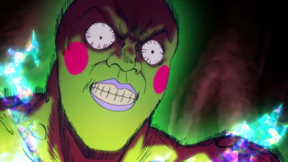 Mob Psycho 100 Ekubo 桌布 壁紙 — 一個綠色皮膚、粉紅色臉頰的怪異動漫角色，在黑暗發光的背景下怒目而視。