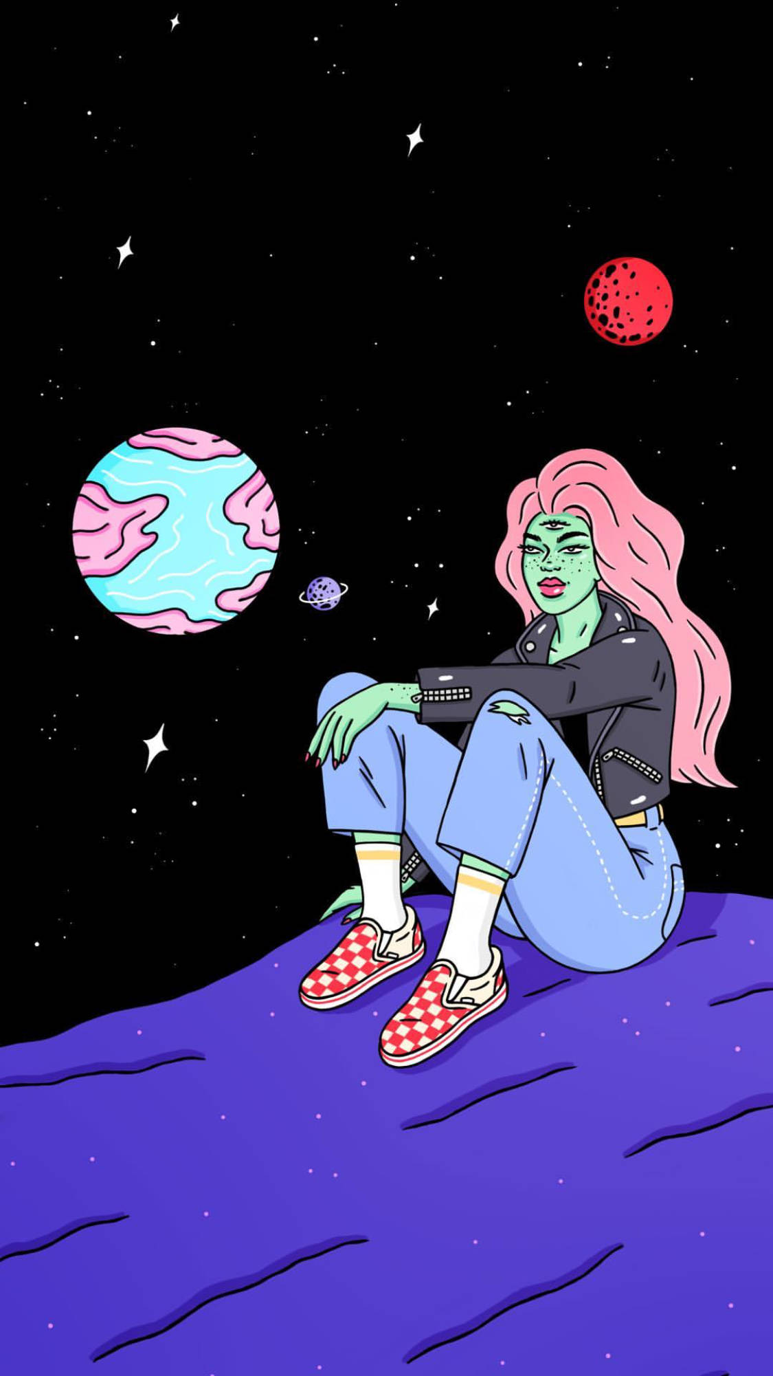 Cartoon 桌布 壁紙 — 一個綠色皮膚、粉紅色頭髮的女人坐在紫色行星表面，凝視著星空下色彩繽紛的外星世界。