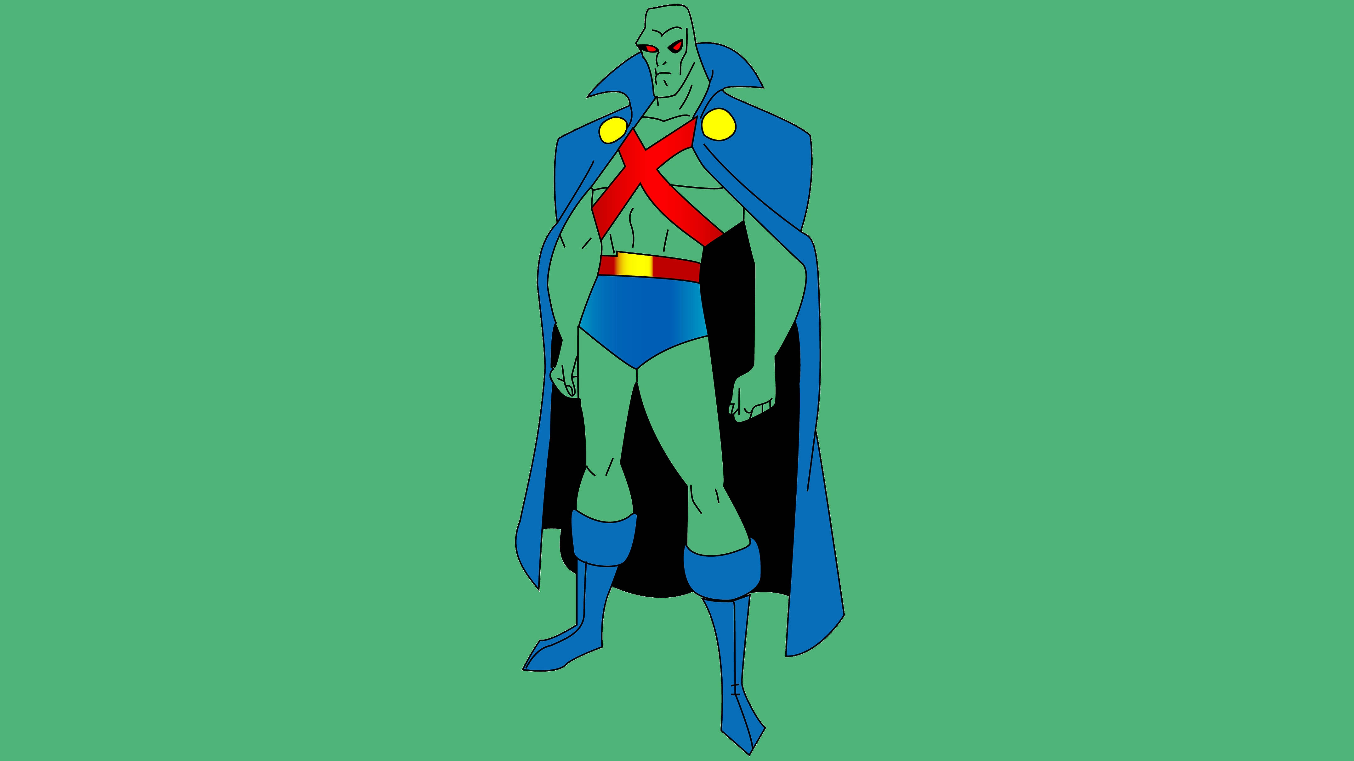 Martian Manhunter 桌布 壁紙 — 一個綠色皮膚、紅色眼睛的超級英雄，自信地站在純綠色背景前，身穿藍色斗篷和紅色X腰帶。