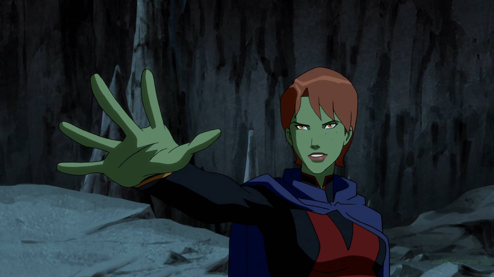 Young Justice 桌布 壁紙 — 一個綠色皮膚、紅色頭髮的動漫角色在黑暗洞穴中向前伸出手。
