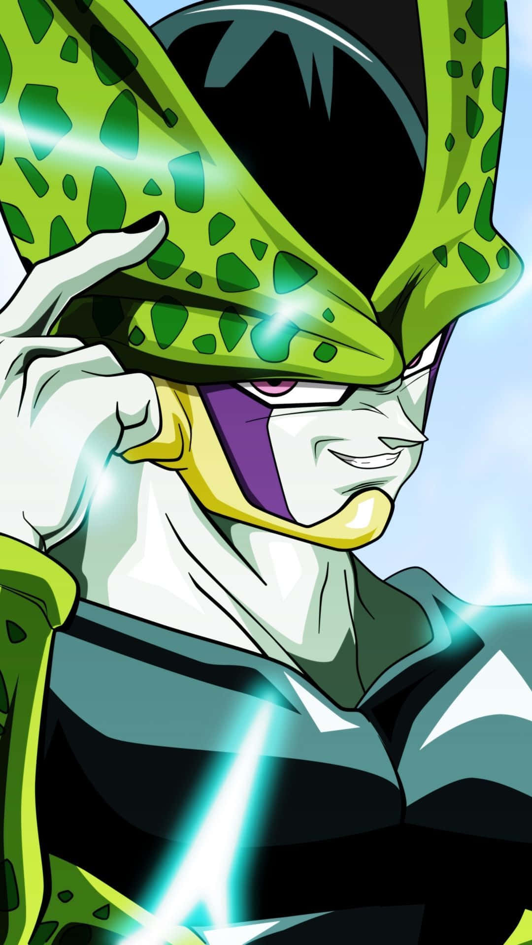 Dragon Ball Z Phone 桌布 壁紙 — 一個綠色皮膚、頭戴尖刺頭飾、發出發光能量光束的動畫反派，自信地微笑。