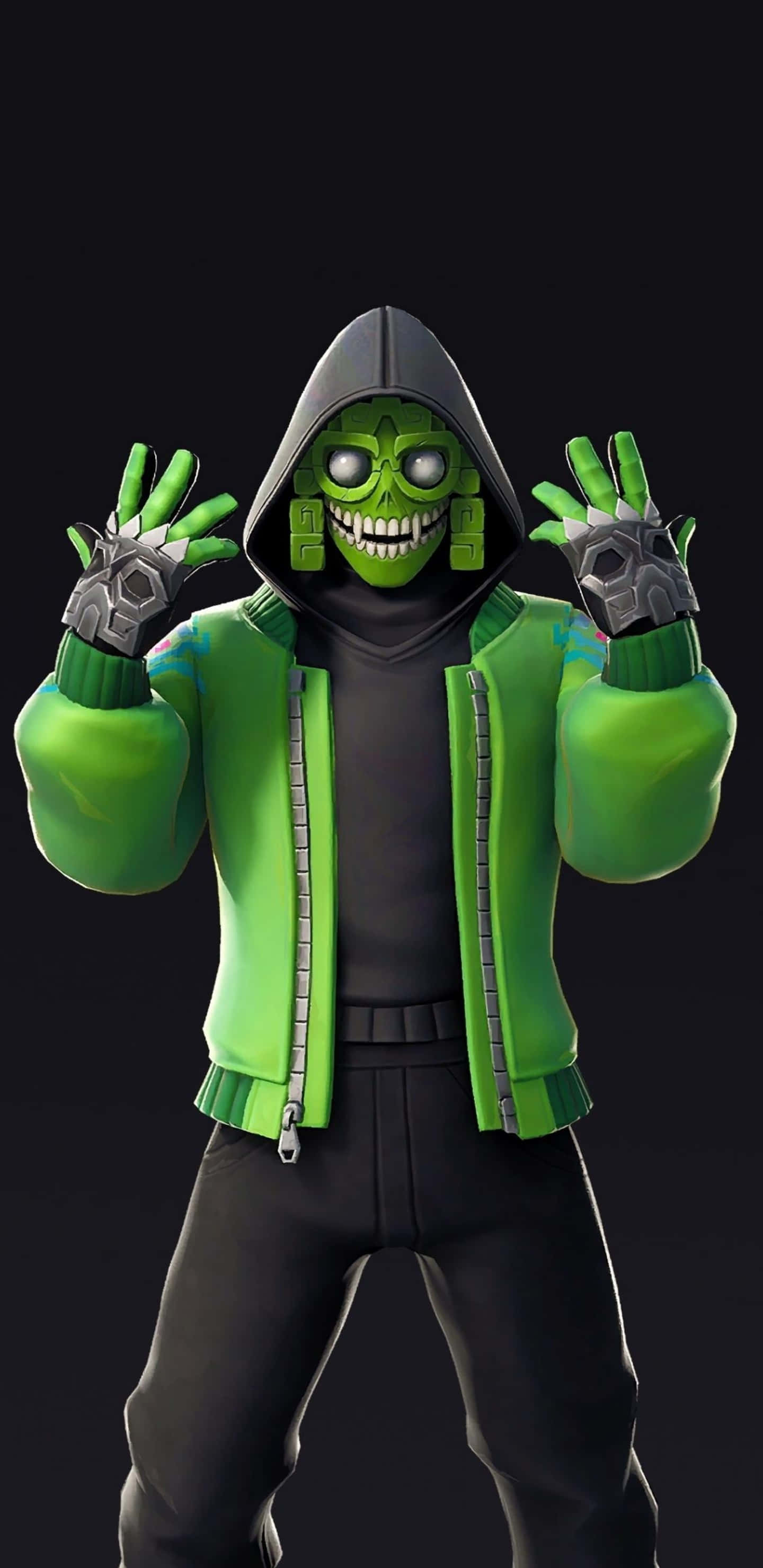 Fortnite 桌布 壁紙 — 一個綠色皮膚、骷髏臉的角色穿著連帽外套，在黑暗背景下舉起戴手套的手。