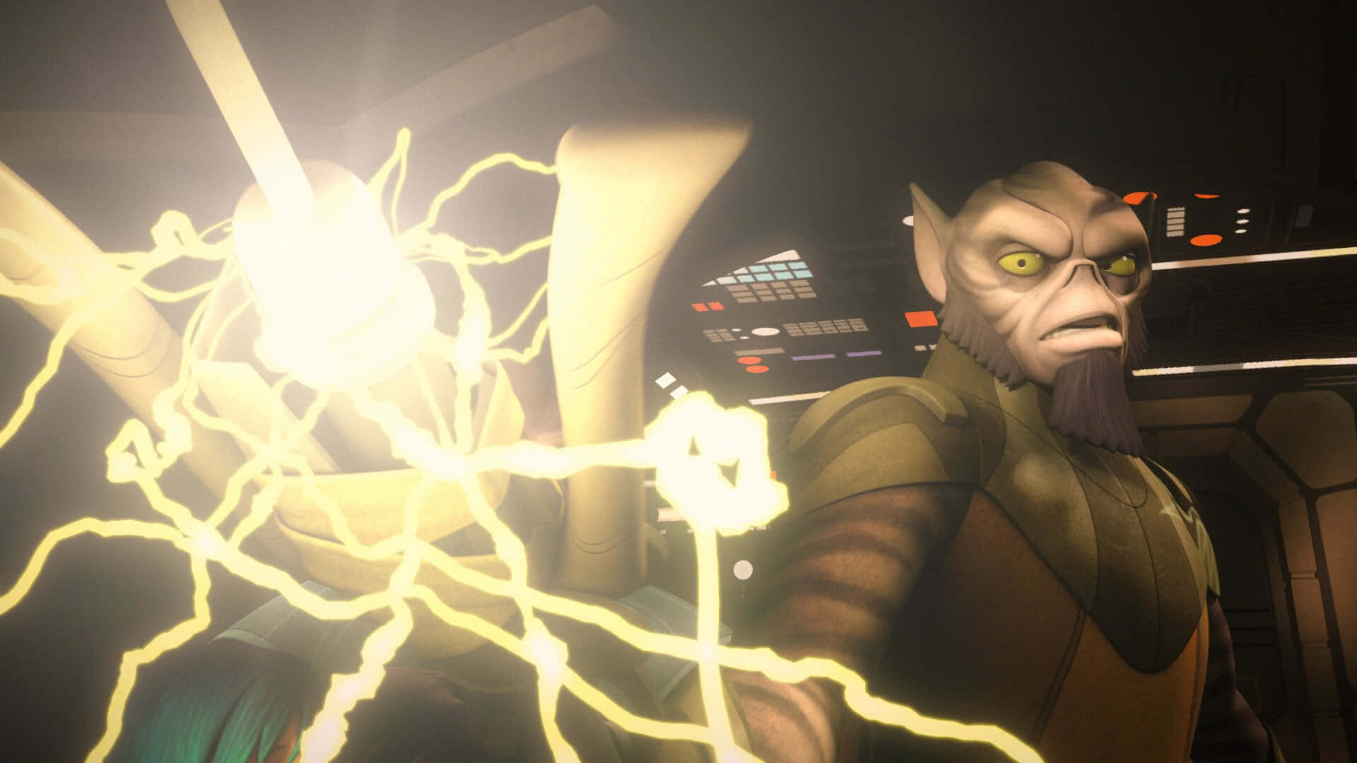 Zeb Orrelios 桌布 壁紙 — 一個綠色皮膚、黃色眼睛的外星人在昏暗的未來駕駛艙中釋放出明亮的黃色閃電。