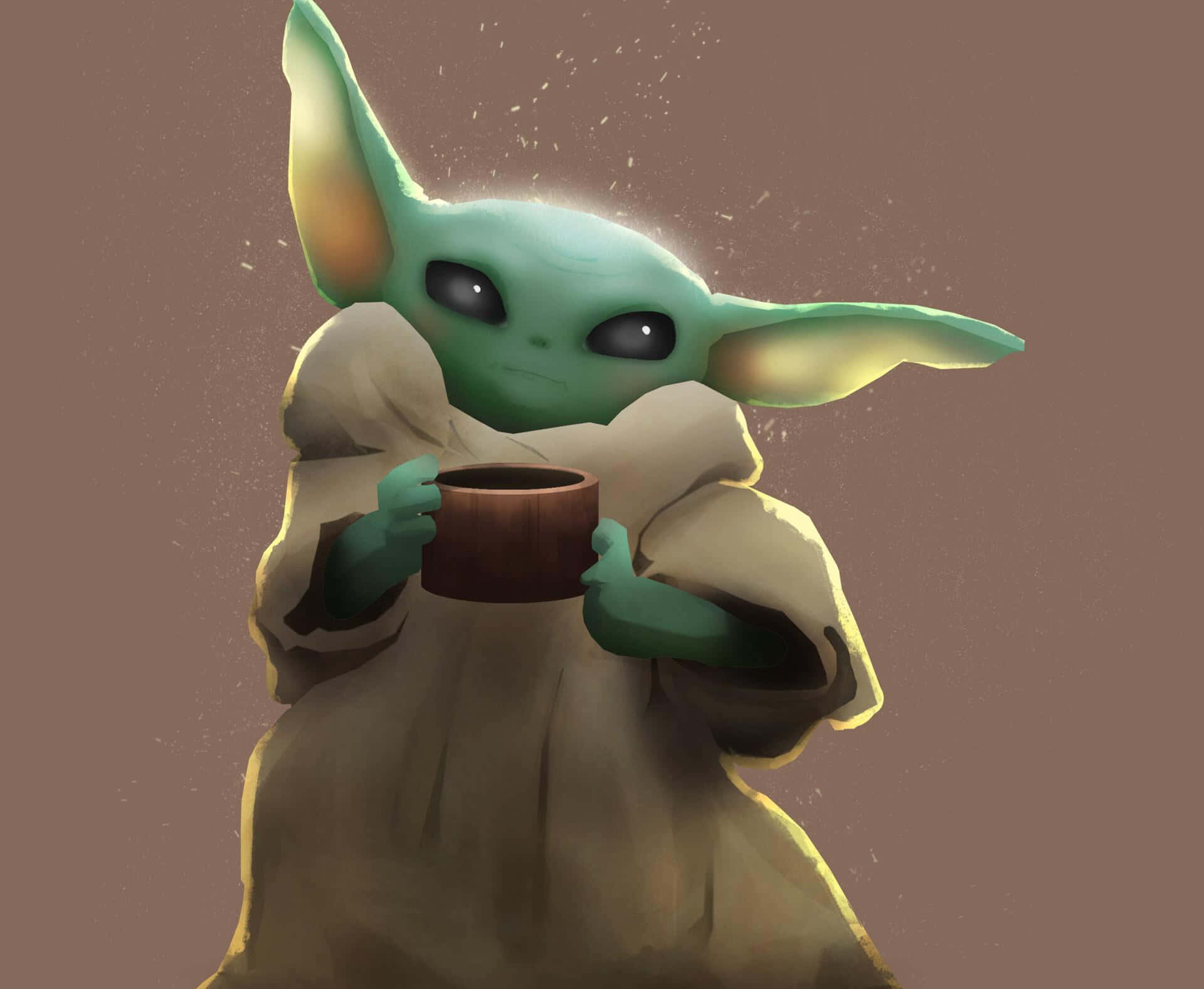 Baby Yoda Cartoon 桌布 壁紙 — 一個綠色皮膚的Baby Yoda穿著米色長袍，手持一個木杯，周圍漂浮著發光的粒子。