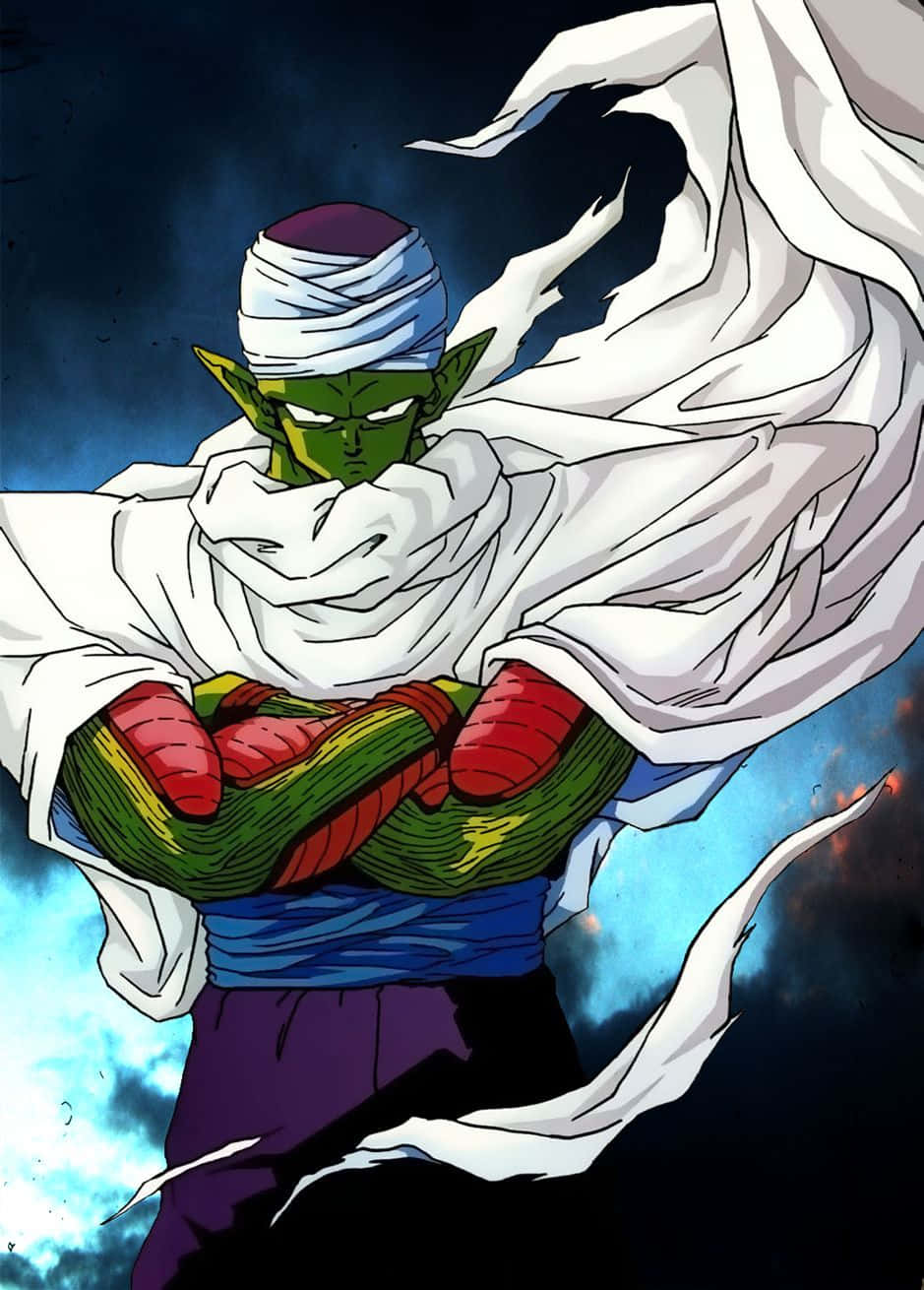 Namek 桌布 壁紙 — 一個綠色皮膚的動漫戰士，頭纏繃帶，身穿白色長袍，雙臂交叉，挑釁地站在暴風雨的天空下。