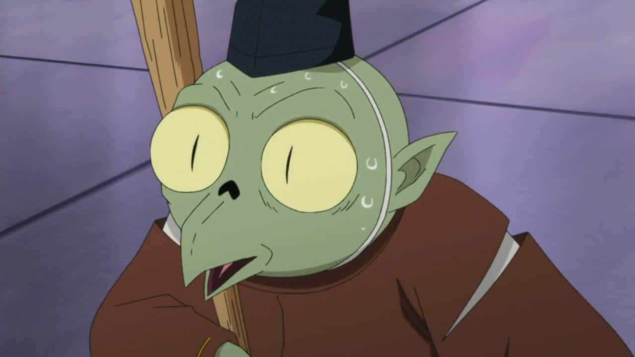Inuyasha Jaken 桌布 壁紙 — 一個綠色皮膚的動漫角色，有著大黃色眼睛和黑色帽子，在紫色瓷磚背景前拿著一根木杖。