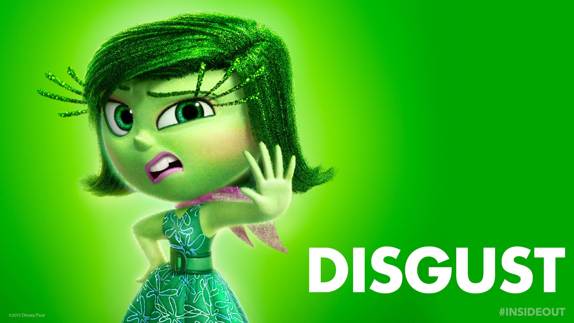 Disgust 桌布 壁紙 — 一個綠色皮膚的動畫女孩，閃亮的頭髮和厭惡的表情，在明亮的綠色背景前揮手。