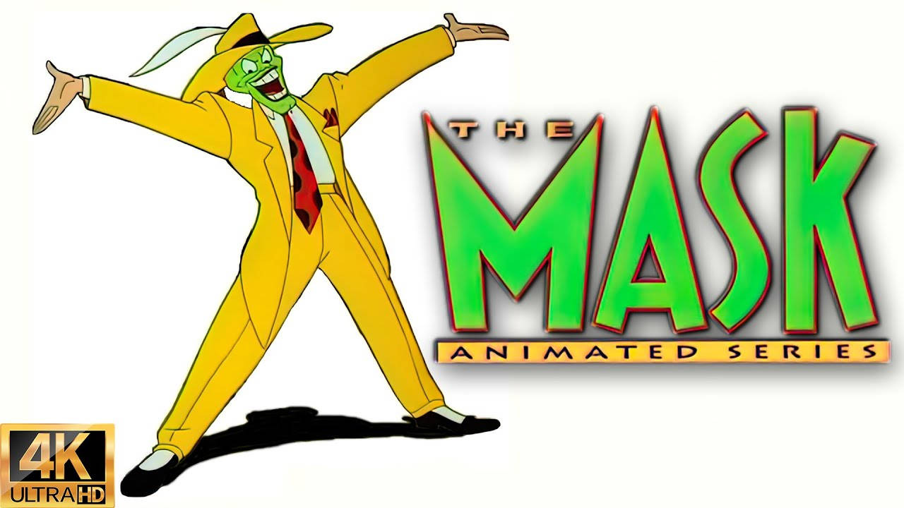 Cartoon 桌布 壁紙 — 一個綠色皮膚的動畫角色穿著黃色西裝和帽子，在《The Mask Animated Series》標誌旁邊擺出歡樂的姿勢。