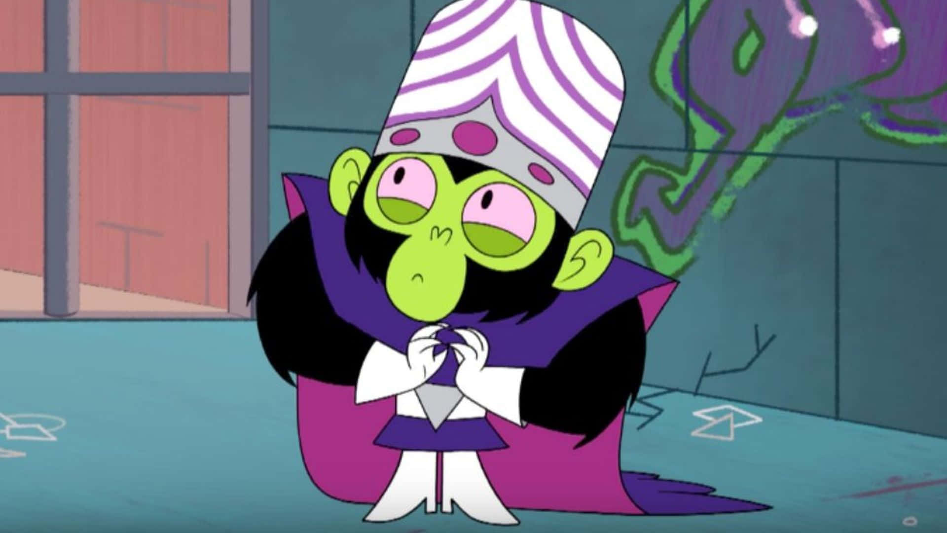 Cartoon Villains 桌布 壁紙 — 一個綠色皮膚的卡通角色，戴著條紋帽子和紫色斗篷，站在一個佈滿塗鴉的城市小巷中。