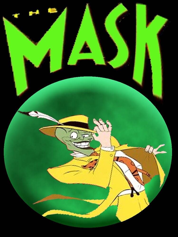 Cartoon 桌布 壁紙 — 一個綠色皮膚的卡通角色，穿著黃色西裝和帽子，在發光的綠色圓形背景前愉快地揮手，背景上有粗體霓虹綠色文字「THE MASK」。