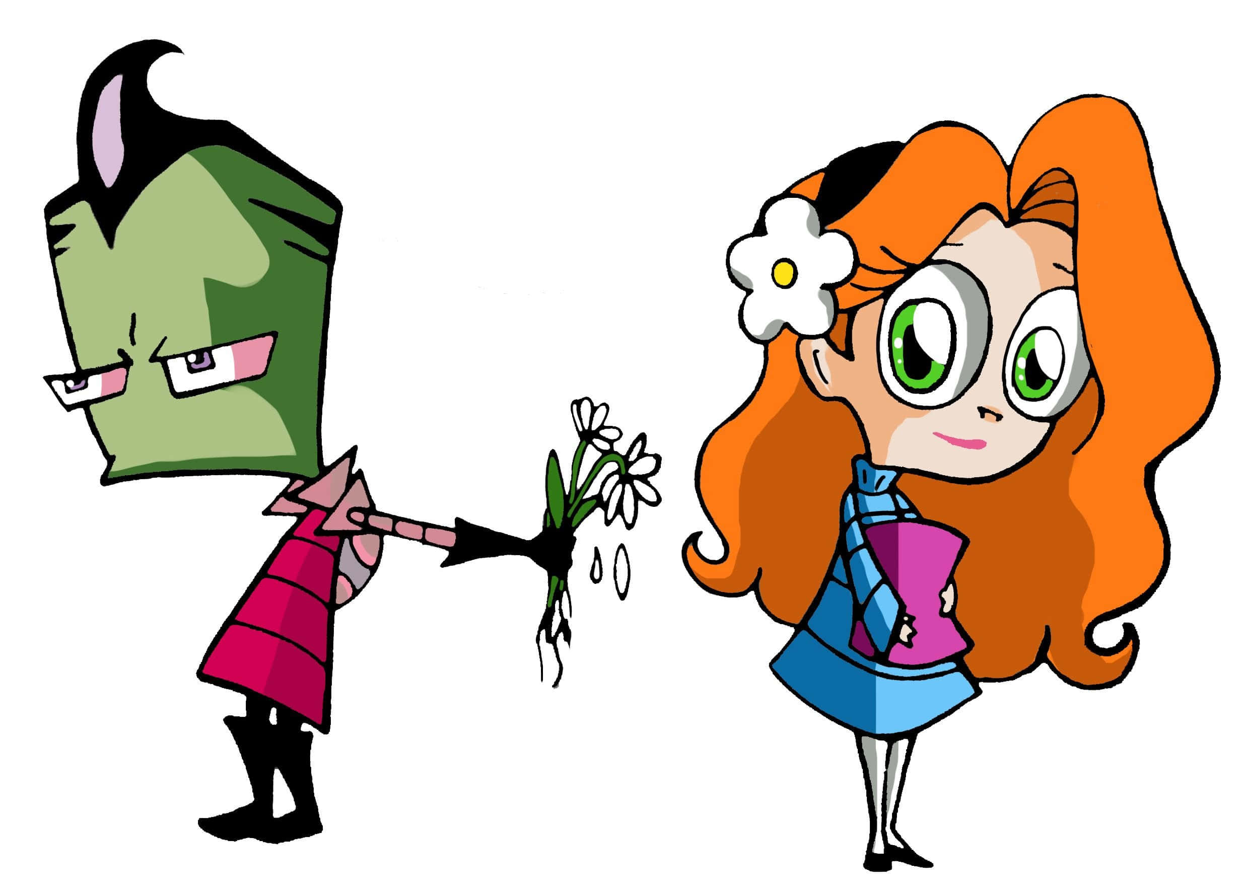 Invader Zim 桌布 壁紙 — 一個綠色皮膚的卡通角色憤怒地將一朵枯萎的雛菊推向一個頭髮上插著花的開朗橙髮女孩。