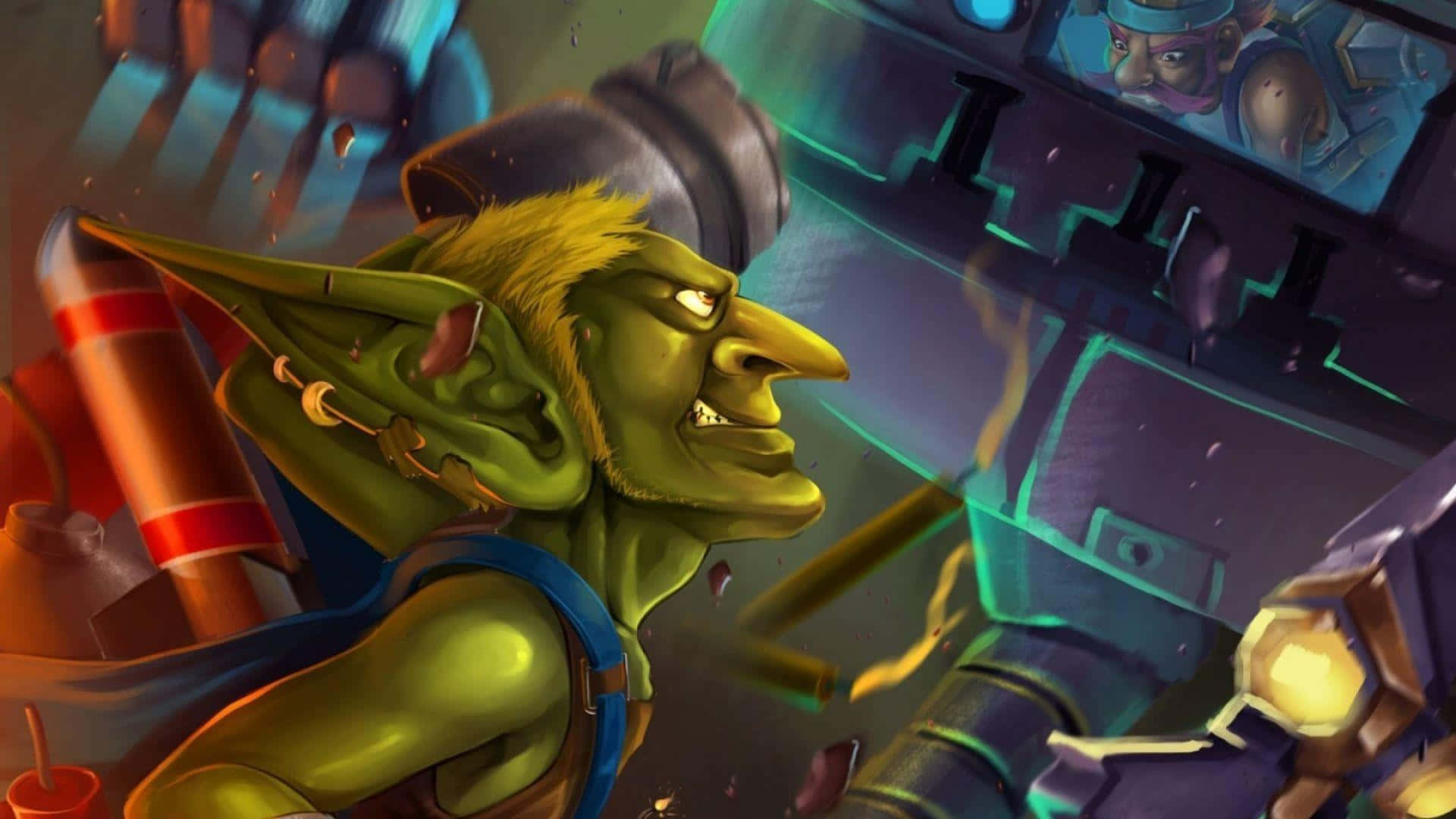 Hearthstone 桌布 壁紙 — 一個綠色皮膚的哥布林帶著兇猛的表情，在混亂、發光的機械戰場中揮舞武器。