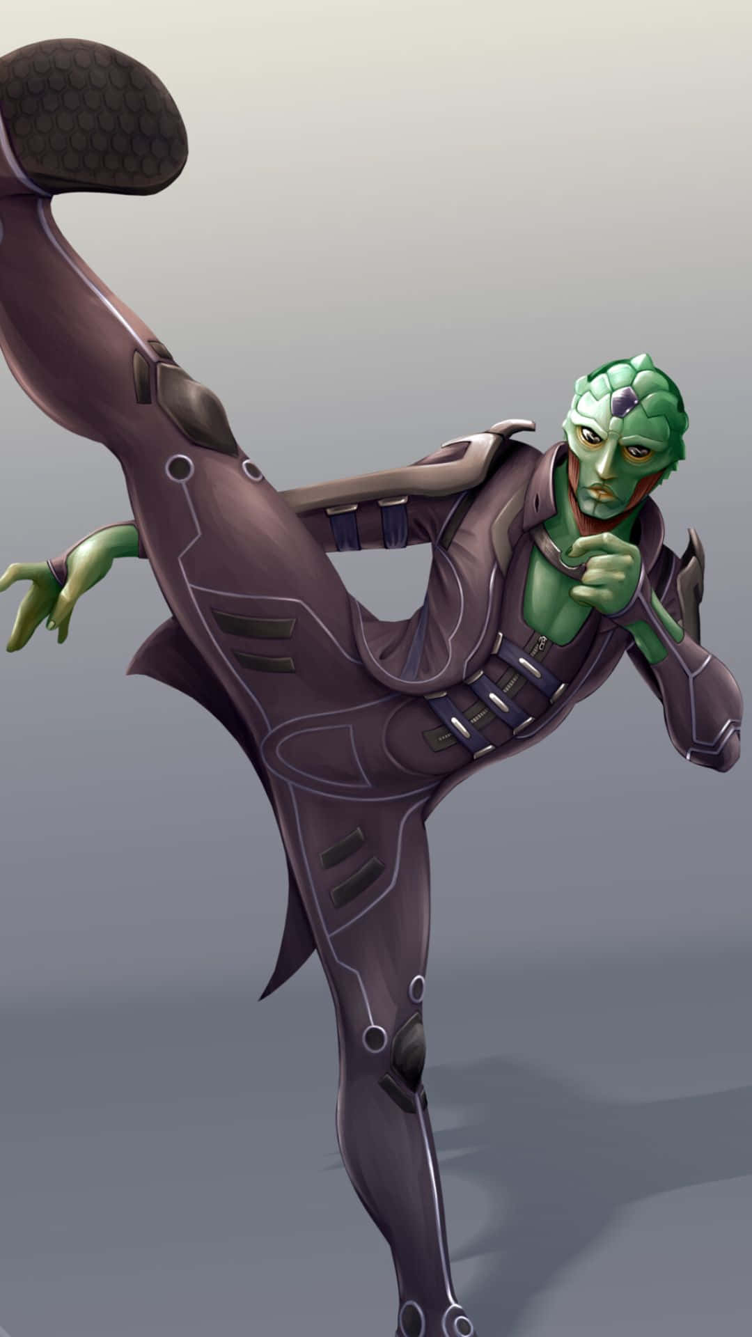 Thane Krios 桌布 壁紙 — 一個綠色皮膚的外星戰士穿著時尚的紫色西裝，在純灰色背景上執行高踢。