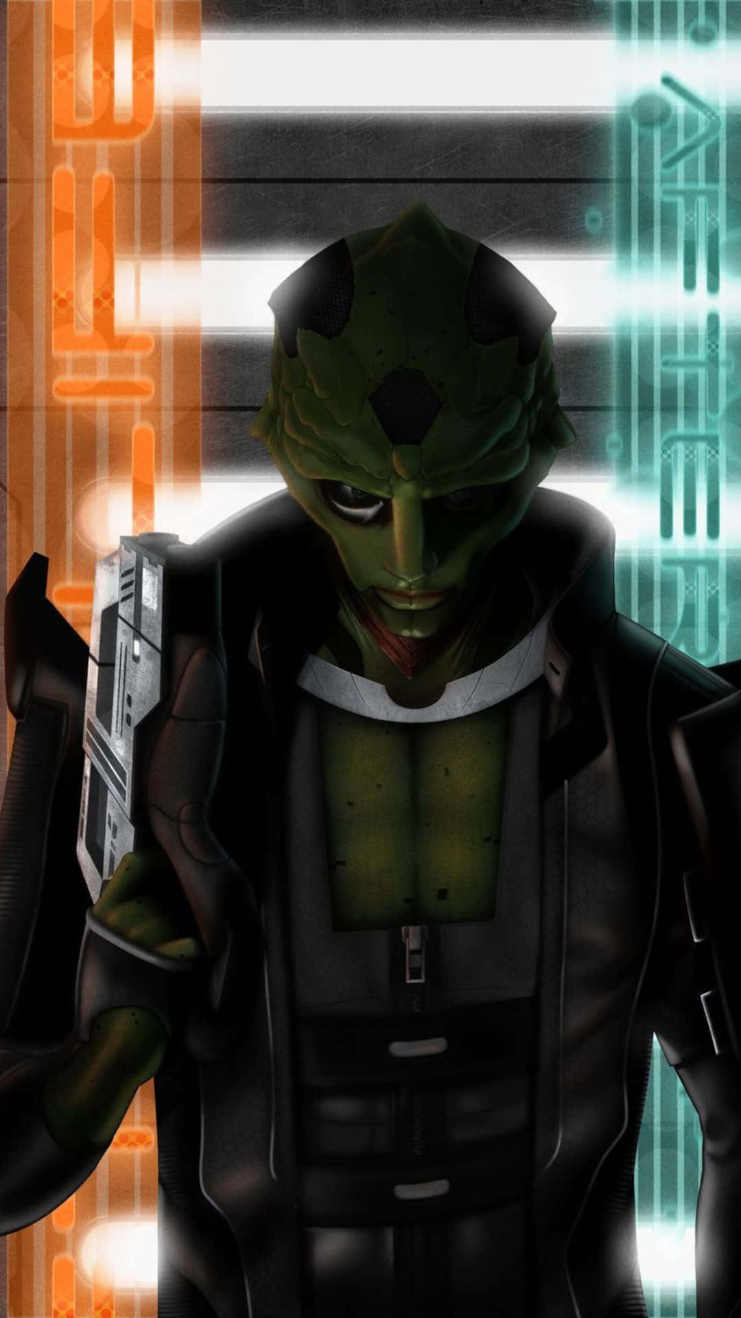 Thane Krios 桌布 壁紙 — 一個綠色皮膚的外星戰士穿著暗色盔甲，手持未來武器，背景是發光的橙色和藍綠色電路。
