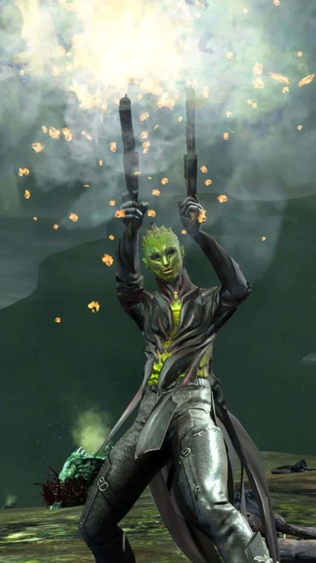 Thane Krios 桌布 壁紙 — 一個綠色皮膚的外星戰士穿著深色外套，在煙霧繚繞的背景中舉起兩把手槍，周圍火花四濺。