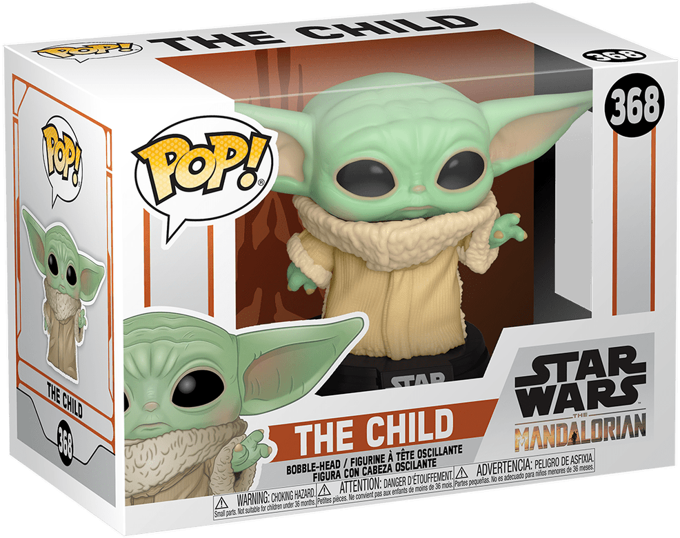 Yoda 桌布 壁紙 — 一個綠色皮膚的嬰兒尤達公仔，穿著米色長袍，坐在它的Funko Pop! Star Wars包裝裡面。