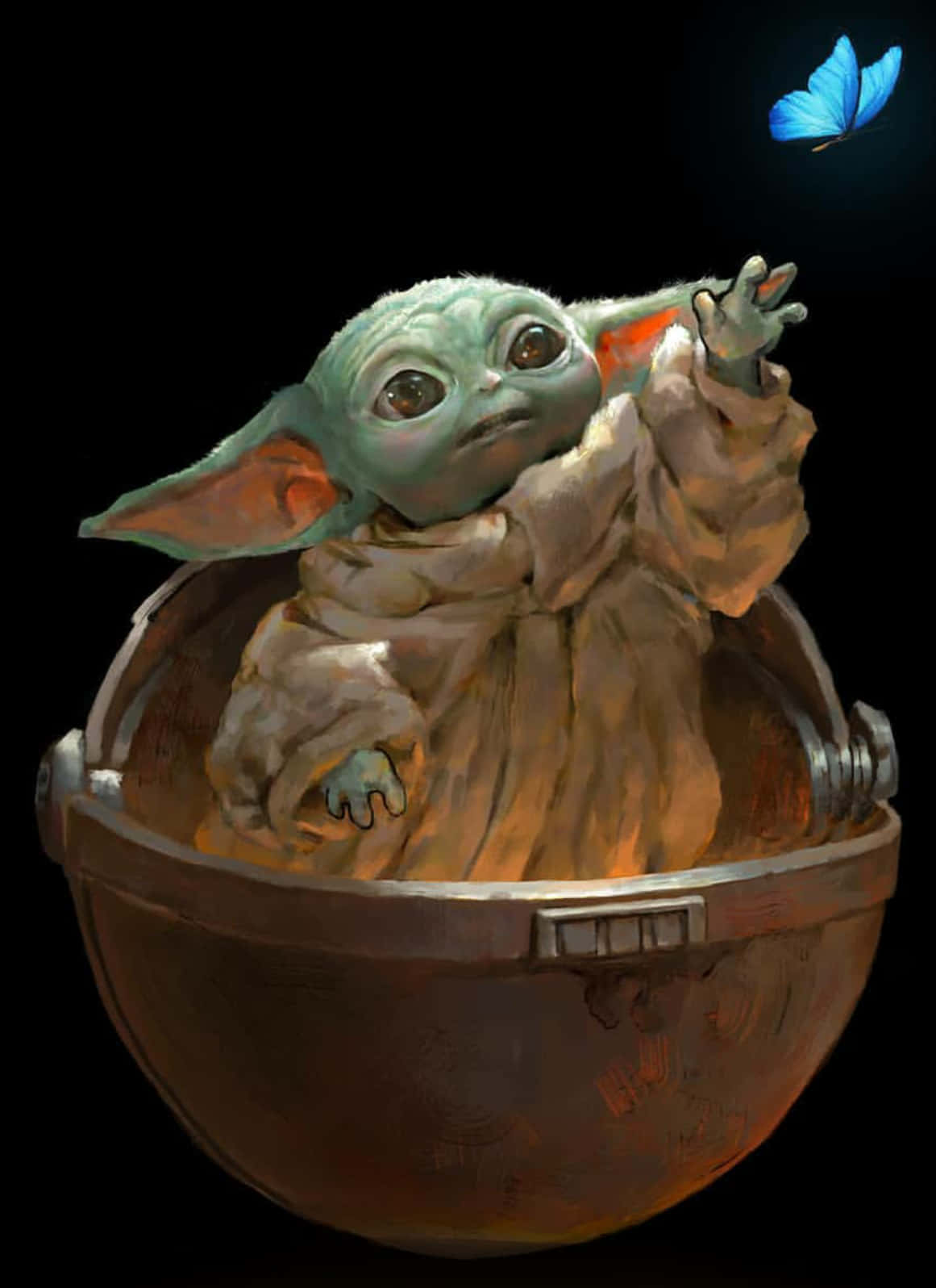 Baby Yoda Phone 桌布 壁紙 — 一個綠色皮膚的嬰兒尤達坐在一個破舊的金屬碗中，向著黑色背景中發光的藍色蝴蝶伸手。