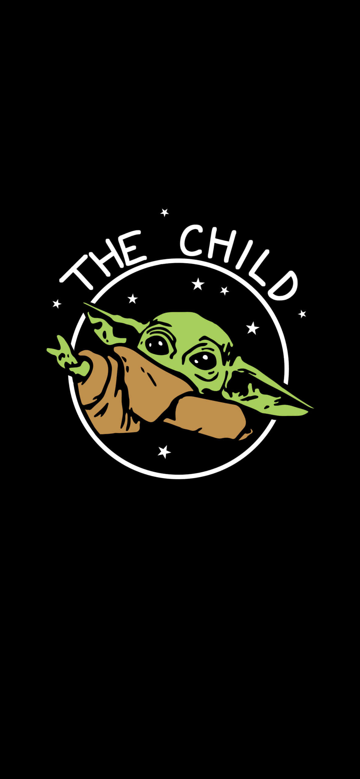 Baby Yoda Aesthetic 桌布 壁紙 — 一個綠色皮膚的小孩穿著棕色長袍，從一個有星星和文字「THE CHILD」的圓圈中窺視，背景為黑色。