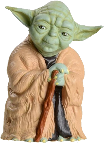 Yoda 桌布 壁紙 — 一個綠色皮膚的尤達公仔，身穿棕褐色長袍，手持木杖，表情平靜。