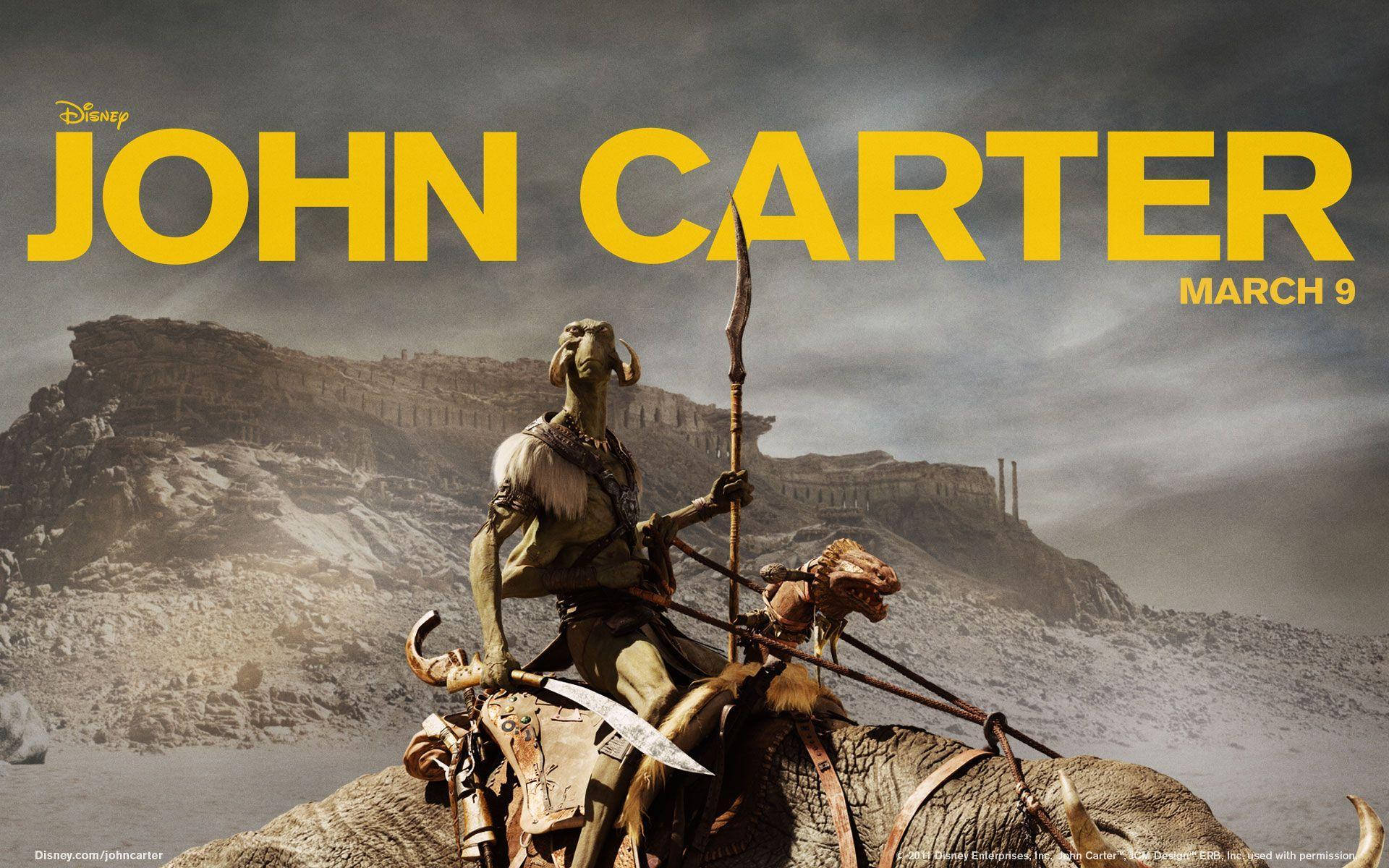 john carter 桌布 壁紙 — 一個綠色皮膚的戰士騎著一隻有角的野獸，穿越荒涼的火星峽谷，天空風暴密佈。