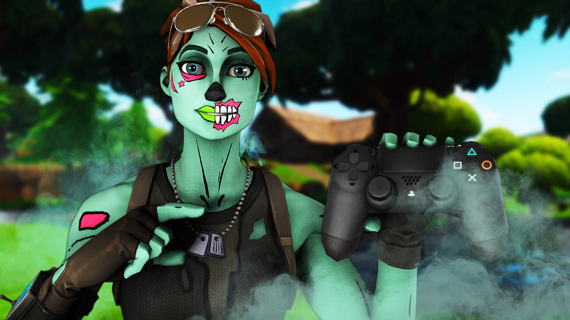 Fortnite 縮圖 桌布 壁紙 — 一個綠色皮膚的殭屍遊戲玩家，粉紅色嘴唇和護目鏡，在充滿活力的戶外環境中，手持PlayStation控制器，周圍煙霧繚繞。