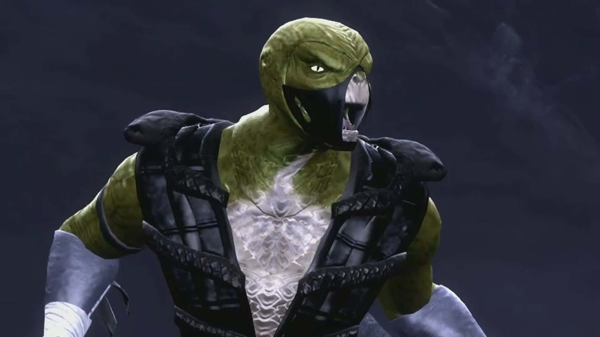 Mortal Kombat Reptile 桌布 壁紙 — 一個綠色皮膚的爬蟲類戰士身穿黑色盔甲，在黑暗風暴背景下咆哮，雙眼發光。