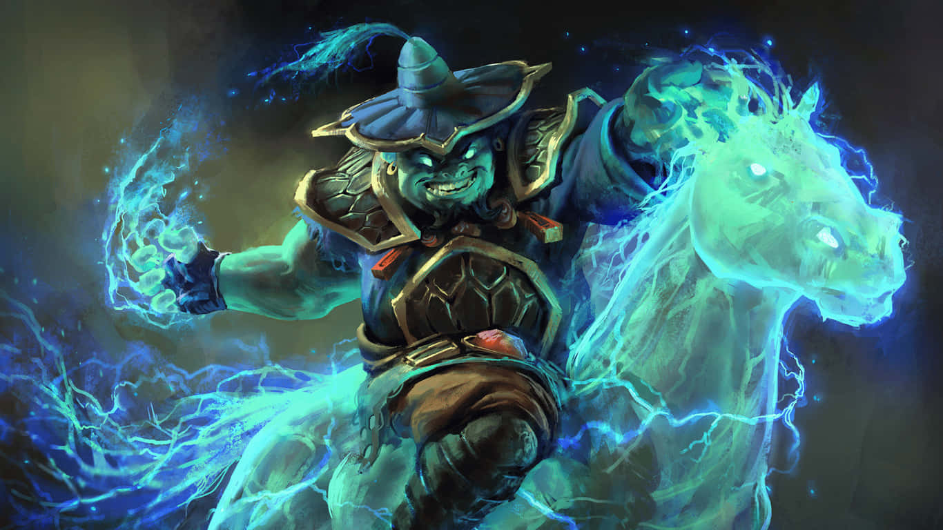 1366x768 Dota 2 桌布 壁紙 — 一個綠色皮膚的獸人戰士身穿華麗盔甲，騎著一匹發光的藍色幽靈馬，同時揮舞著劈啪作響的閃電能量。