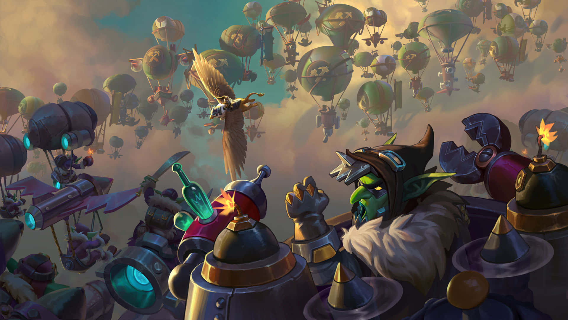 1920x1080 Hearthstone 桌布 壁紙 — 一個綠色皮膚的獸人穿著華麗盔甲，站在漂浮的飛船和機械裝置之間，背景是蒸氣龐克的天空。