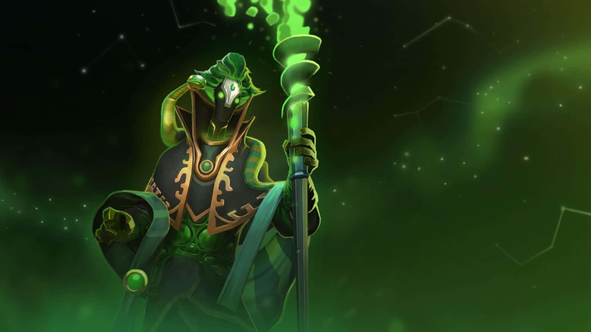 Rubick 桌布 壁紙 — 一個綠色皮膚的神秘人物，雙眼發光，揮舞著螺旋狀法杖，背景是星光燦爛的宇宙。