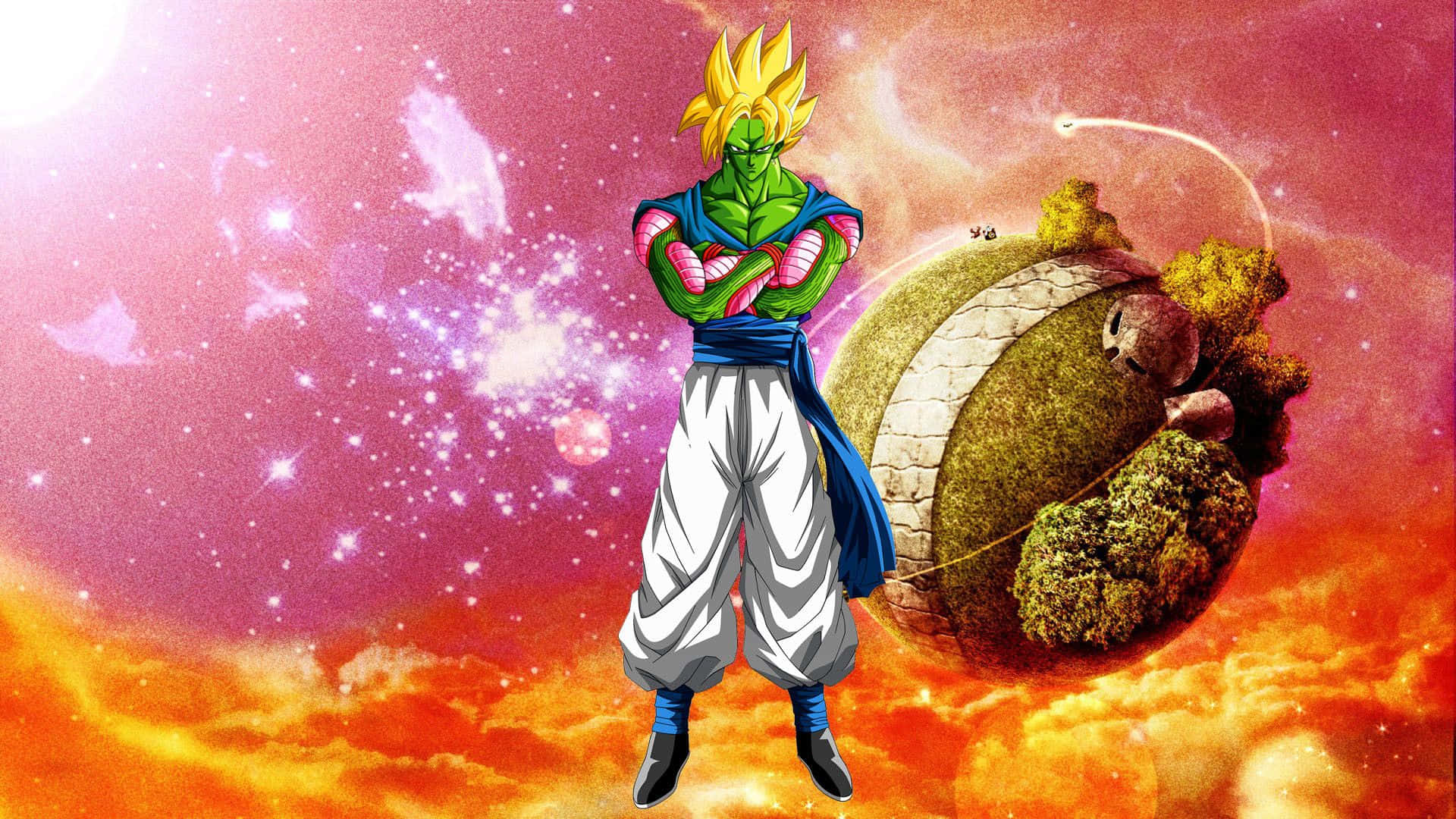 Namek 桌布 壁紙 — 一個綠色皮膚的超級賽亞人自信地交叉雙臂，背景是粉紅色和橙色的星雲以及一個漂浮的行星。