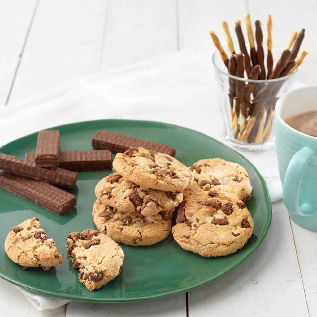 Biscuit 桌布 壁紙 — 一個綠色盤子上放著巧克力餅乾和威化棒，旁邊有一杯熱巧克力和巧克力醬椒鹽脆餅，放在白色木桌上。