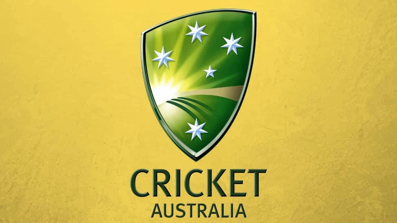 australia cricket 桌布 壁紙 — 一個綠色盾牌，上面有白色星星和太陽光線，位於金色田野上，背景為有紋理的黃色，並帶有「CRICKET AUSTRALIA」文字。