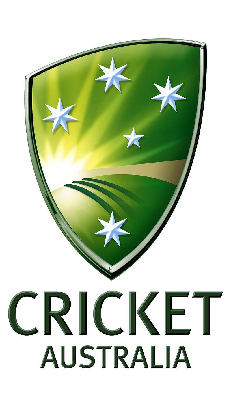 australia cricket 桌布 壁紙 — 一個綠色盾牌標誌，帶有白色星星和太陽從連綿起伏的山丘升起，下方有「CRICKET AUSTRALIA」文字。
