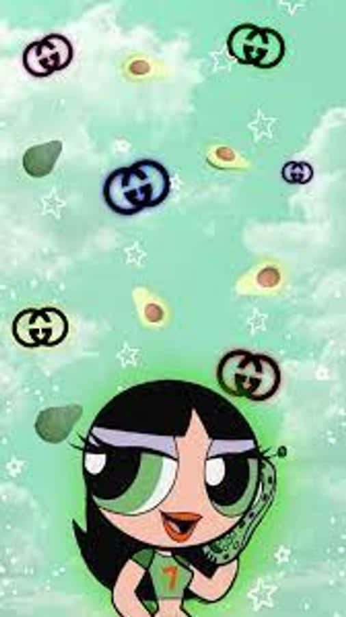 Buttercup Aesthetic 桌布 壁紙 — 一個綠色眼睛、黑色頭髮的卡通女孩微笑著，漂浮的酪梨片和Gucci標誌在薄荷綠色的天空中圍繞她旋轉。