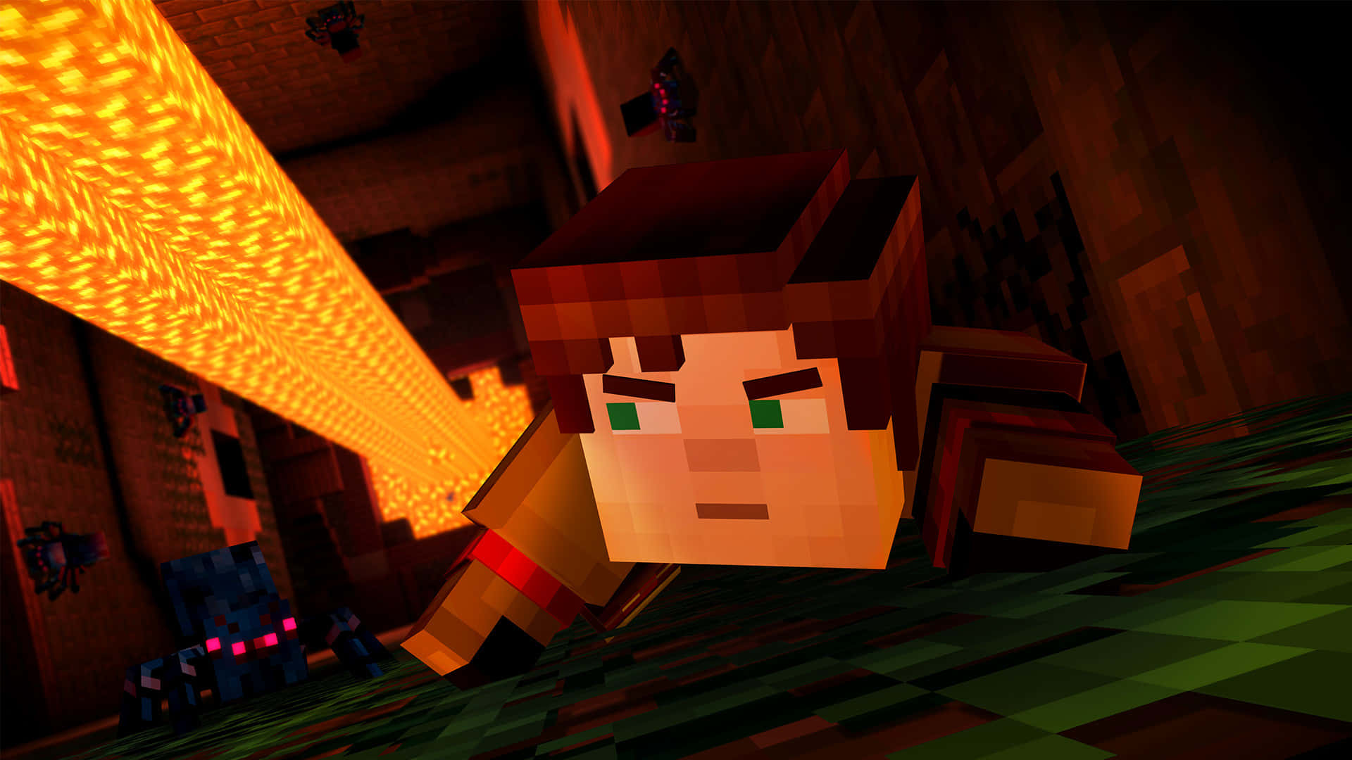 Minecraft Story Mode 桌布 壁紙 — 一個綠色眼睛的Minecraft角色在昏暗的地下洞穴中揮舞著一把發光的劍。