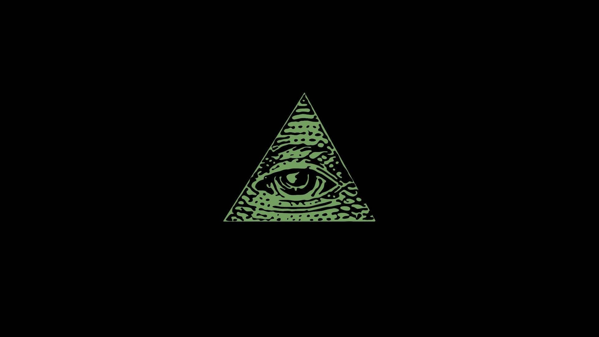 illuminati 桌布 壁紙 — 一個綠色紋理的眼睛在三角形內，在黑色背景上發光。