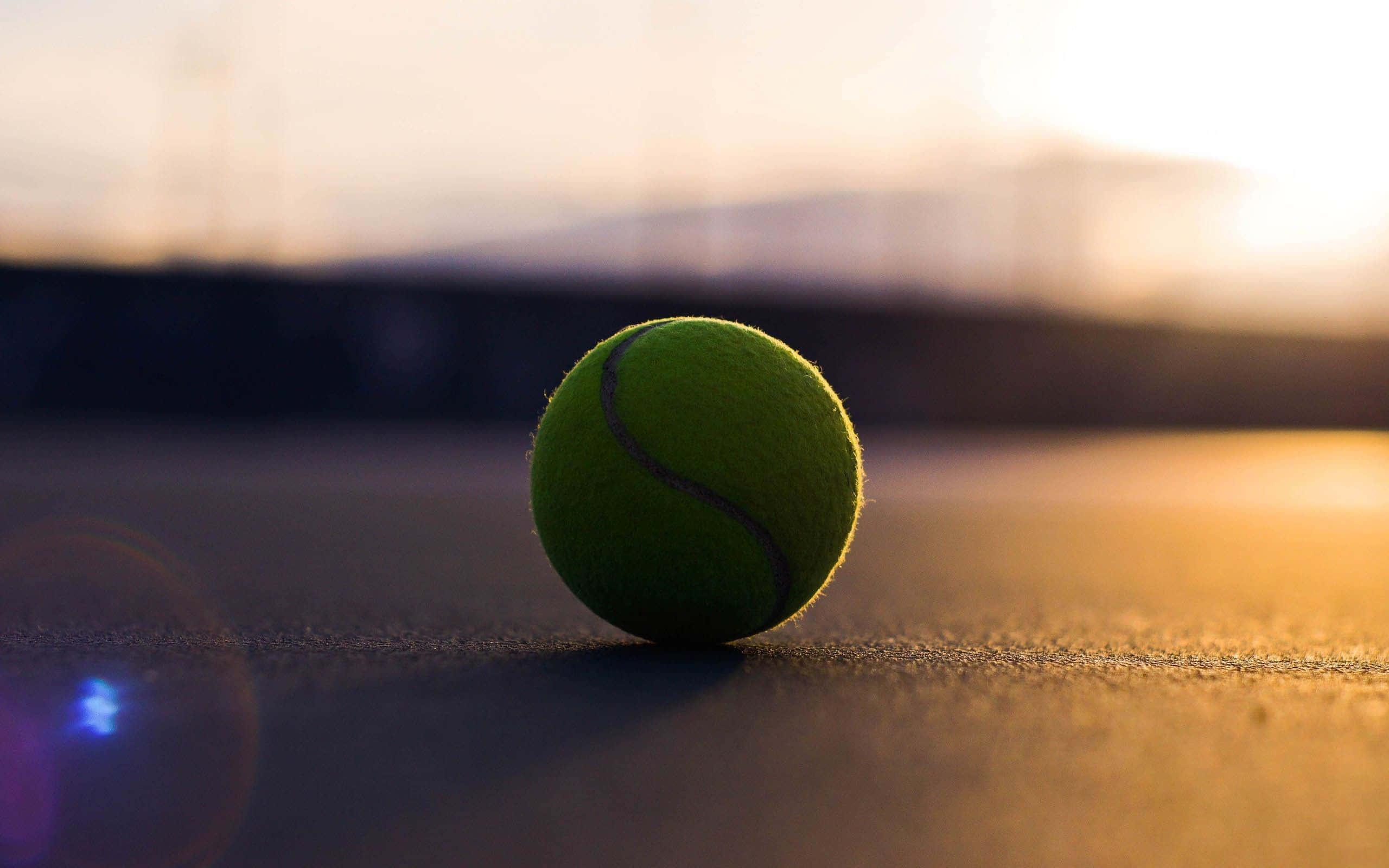 Tennis Ball 桌布 壁紙 — 一個綠色網球在日落時分放在球場上，伴隨著溫暖的金色光線和鏡頭光暈。