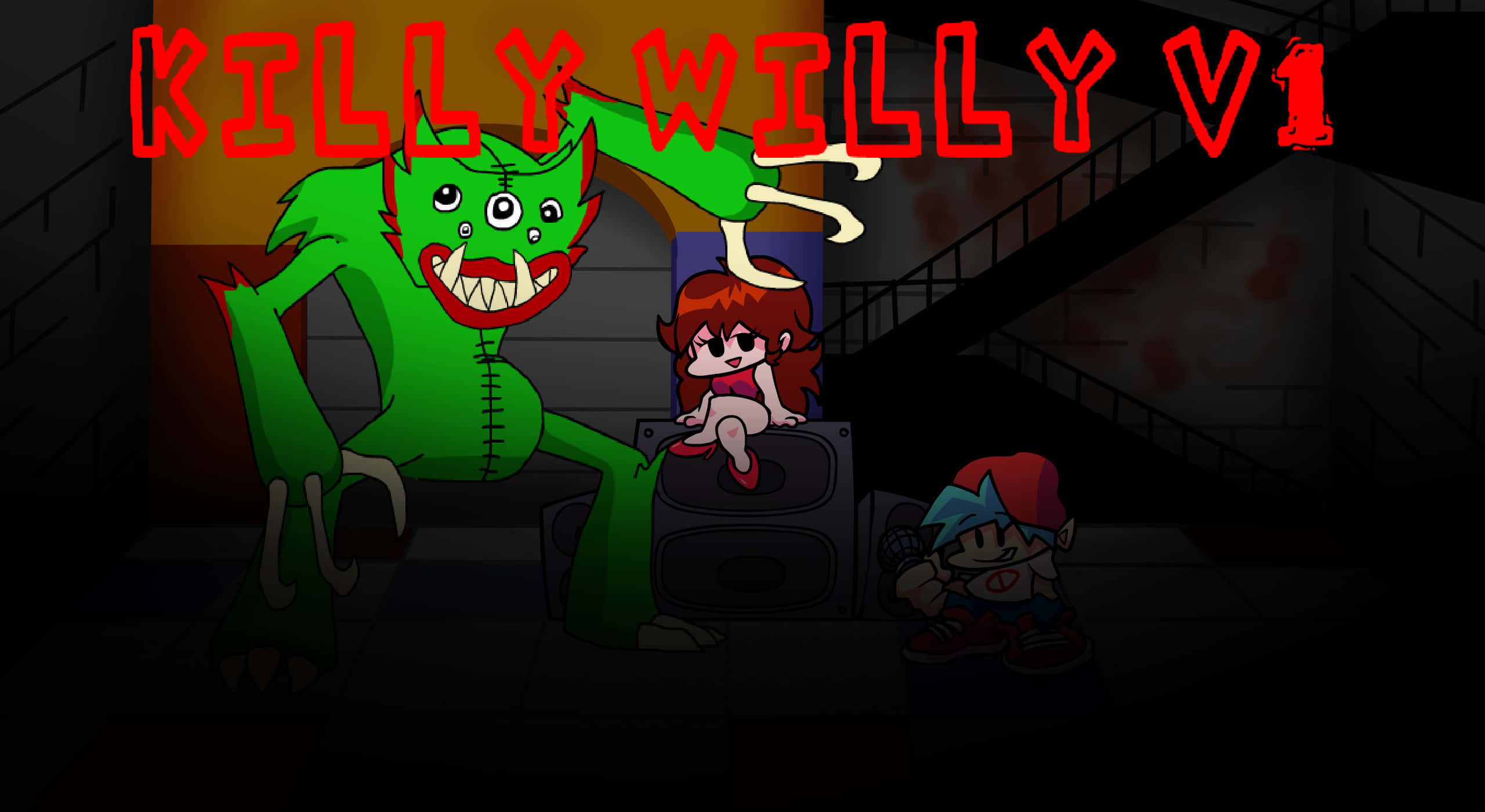 Killy Willy 桌布 壁紙 — 一個綠色縫合怪物籠罩著兩個動漫角色，在黑暗的地下室中，上方有紅色文字。