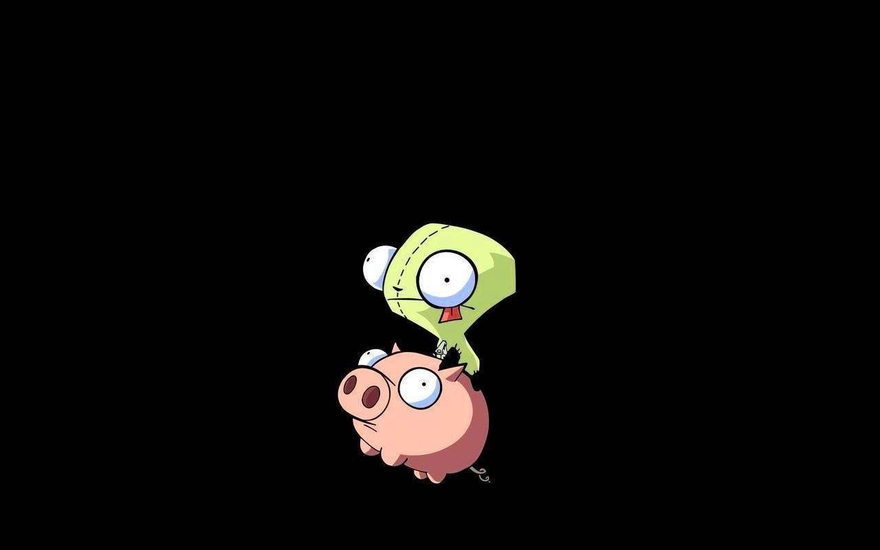 Invader Zim 桌布 壁紙 — 一個綠色縫製的大眼外星人坐在粉紅豬上，背景是純黑色。