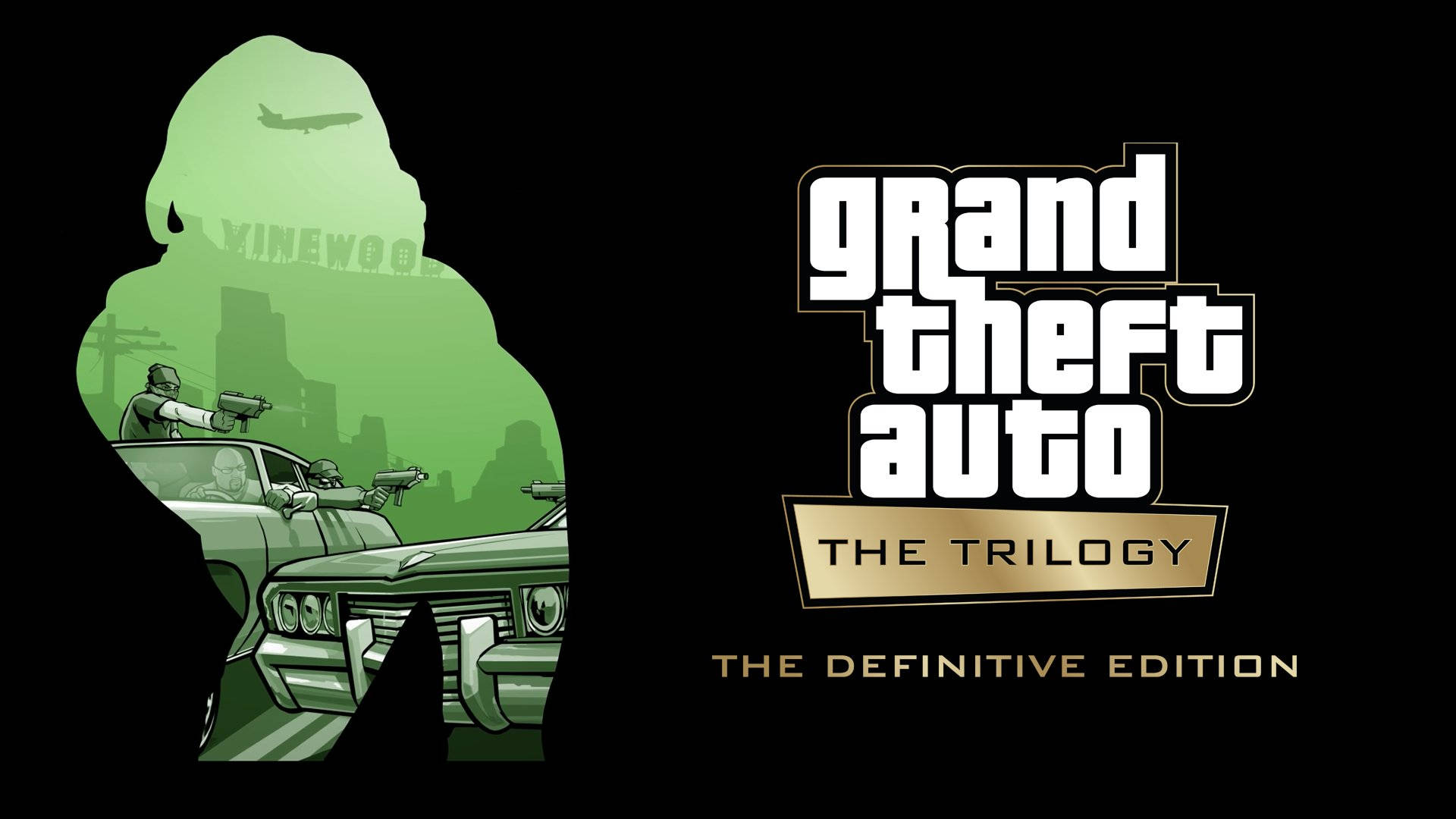 GTA 聖安地列斯 桌布 壁紙 — 一個綠色色調的城市天際線剪影，包含一輛經典汽車和持槍人物，並以《Grand Theft Auto Trilogy》標誌框住。