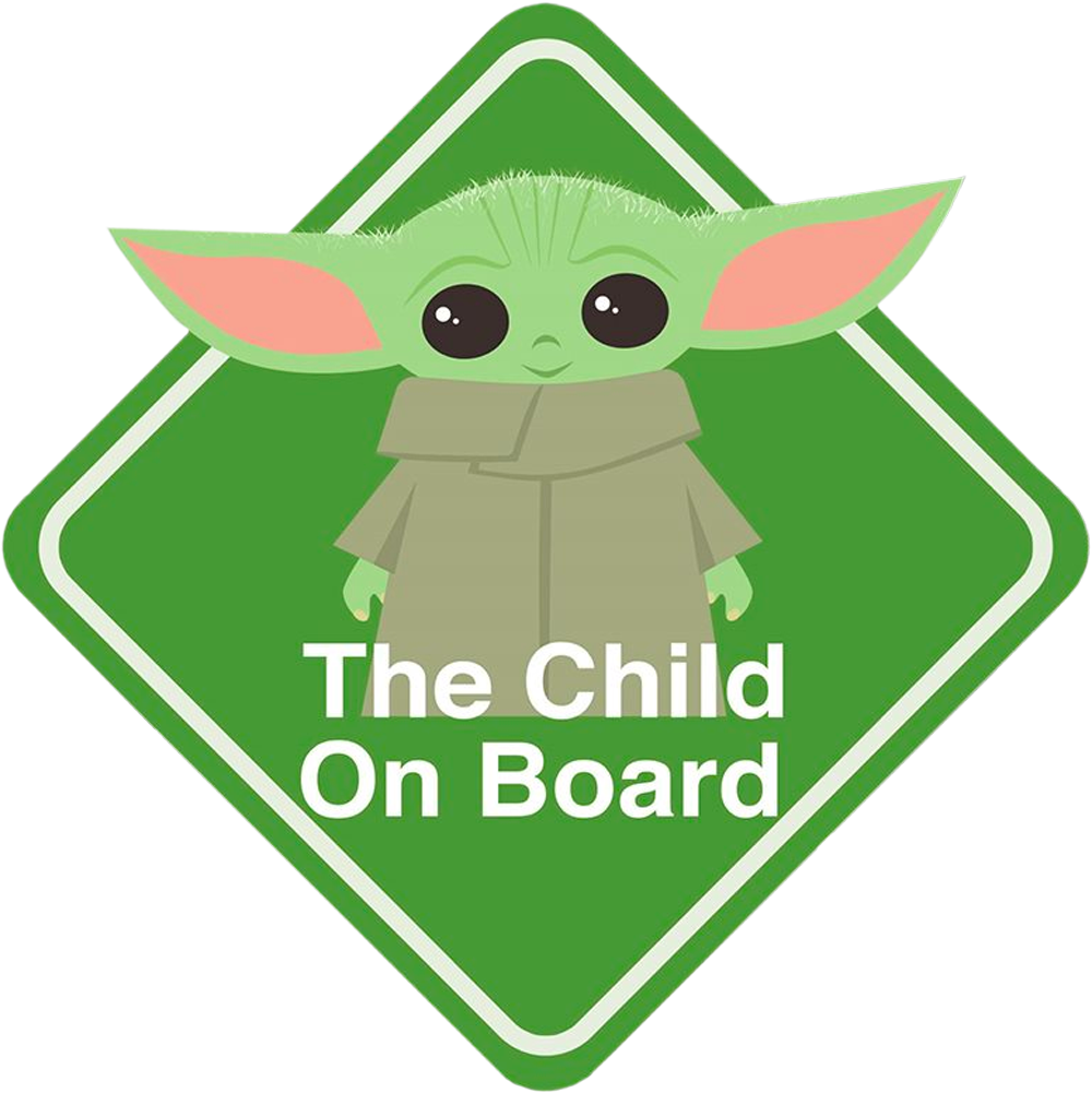 Yoda 桌布 壁紙 — 一個綠色菱形『車內有兒童』標誌，上面有一個卡通風格的嬰兒尤達，穿著棕色長袍，有大耳朵和大眼睛。