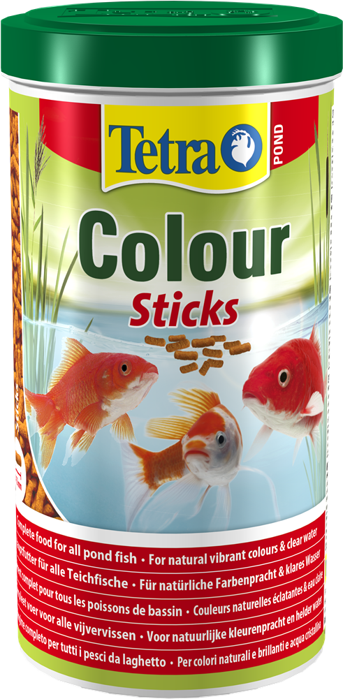 金魚 桌布 壁紙 — 一個綠色蓋子的Tetra Pond Colour Sticks魚飼料容器，展示鮮豔的橙色和白色金魚在清澈的水中游動。