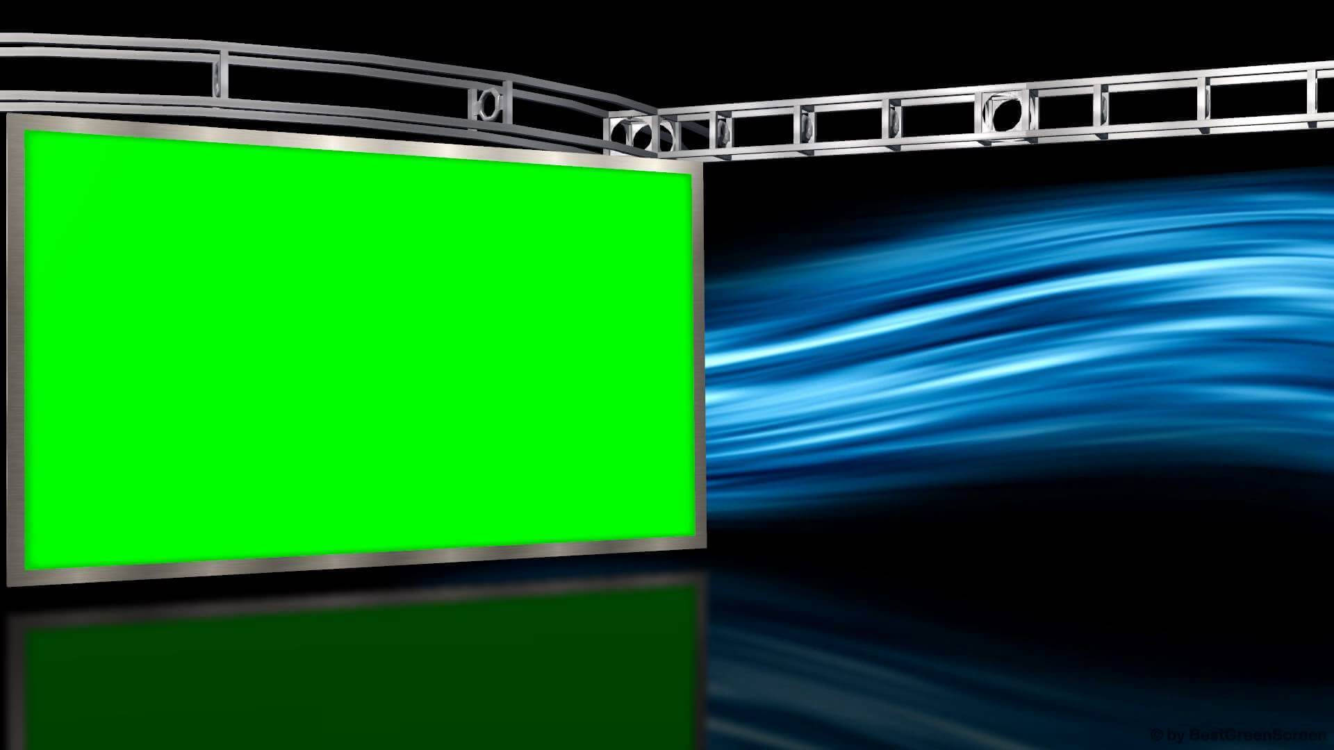 Screensavers 桌布 壁紙 — 一個綠色螢幕工作室設置，帶有金屬桁架和藍色動態模糊燈光，背景為黑色。
