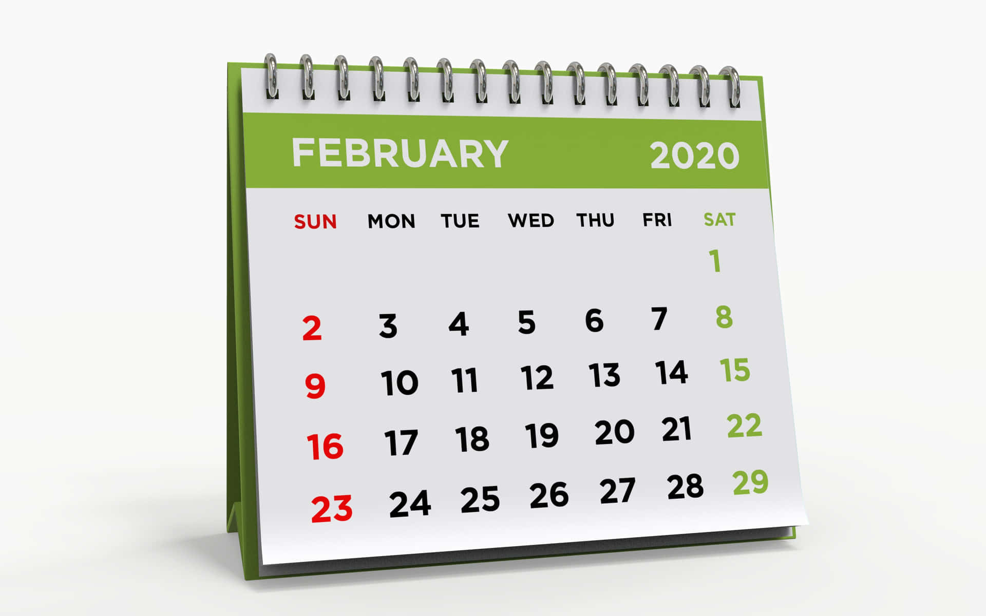 二月 桌布 壁紙 — 一個綠色螺旋裝訂的桌上日曆，顯示2020年2月，紅色和綠色突出顯示的日期在乾淨的白色背景上。