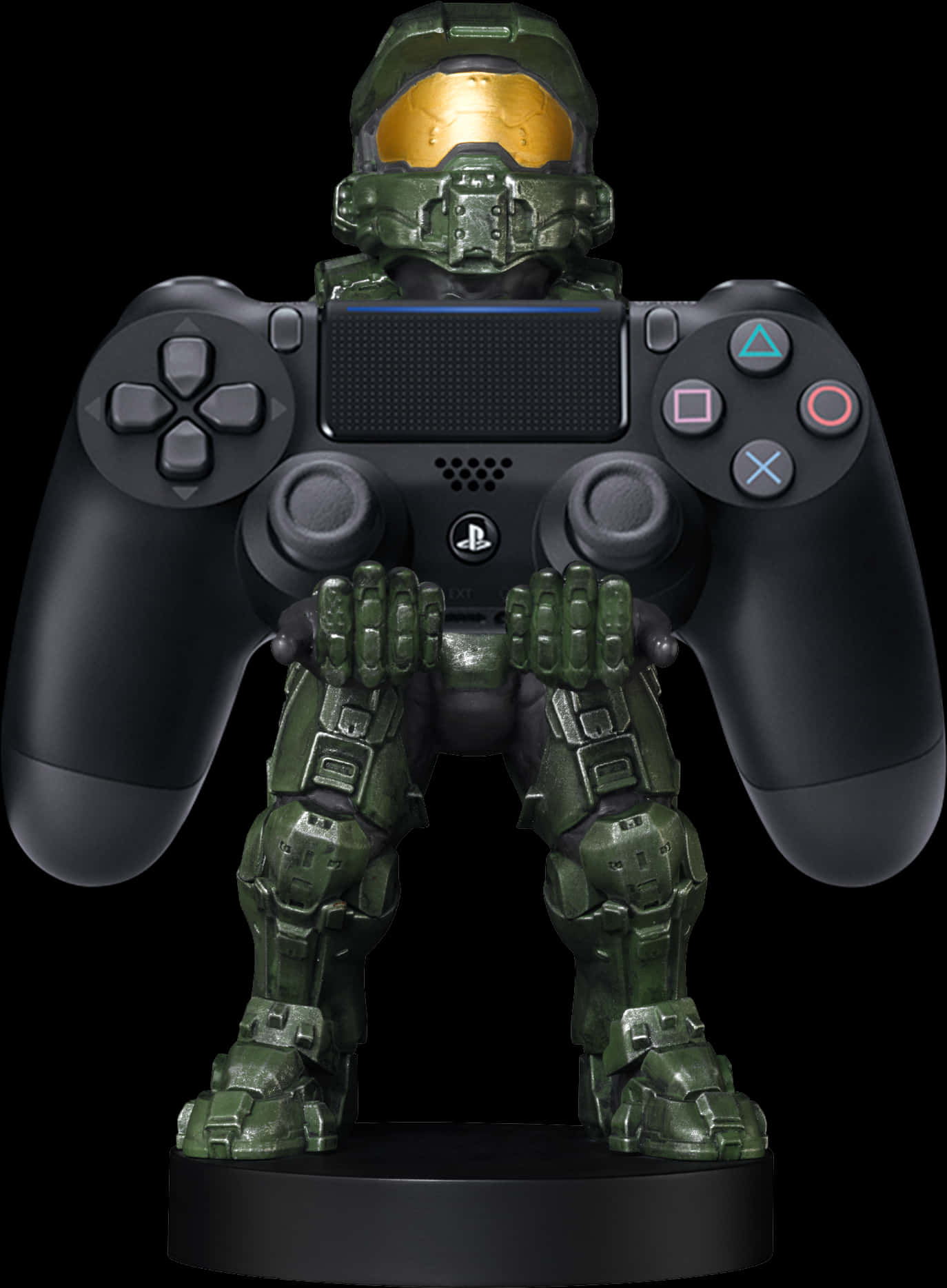藝術 桌布 壁紙 — 一個綠色裝甲斯巴達人形站立，PlayStation控制器形成其軀幹，背景為黑色。