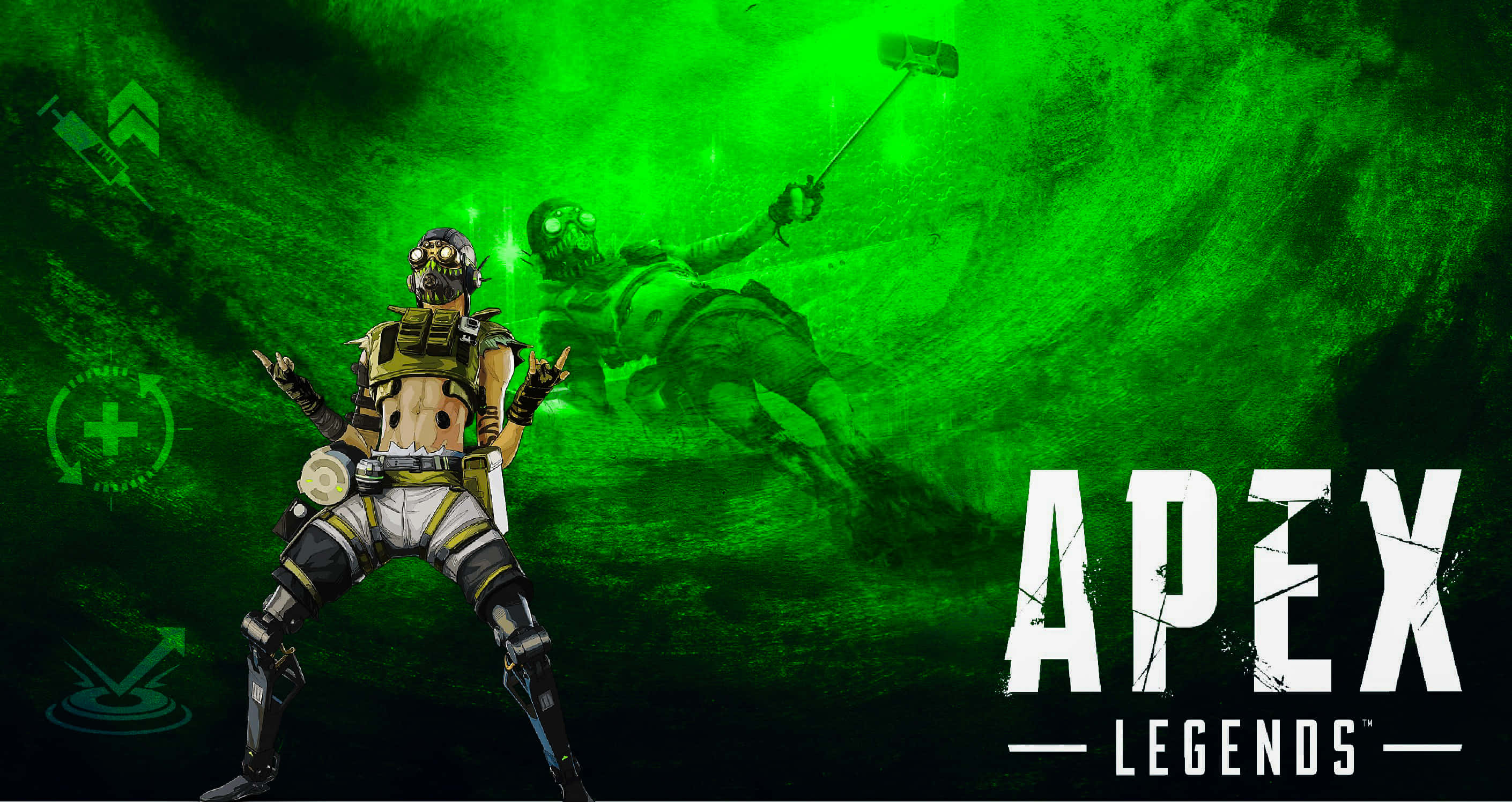 Octane Apex 桌布 壁紙 — 一個綠色調的Apex Legends角色自信地擺姿勢，身後有一個類似殭屍的人物，處於發光的數位環境中。