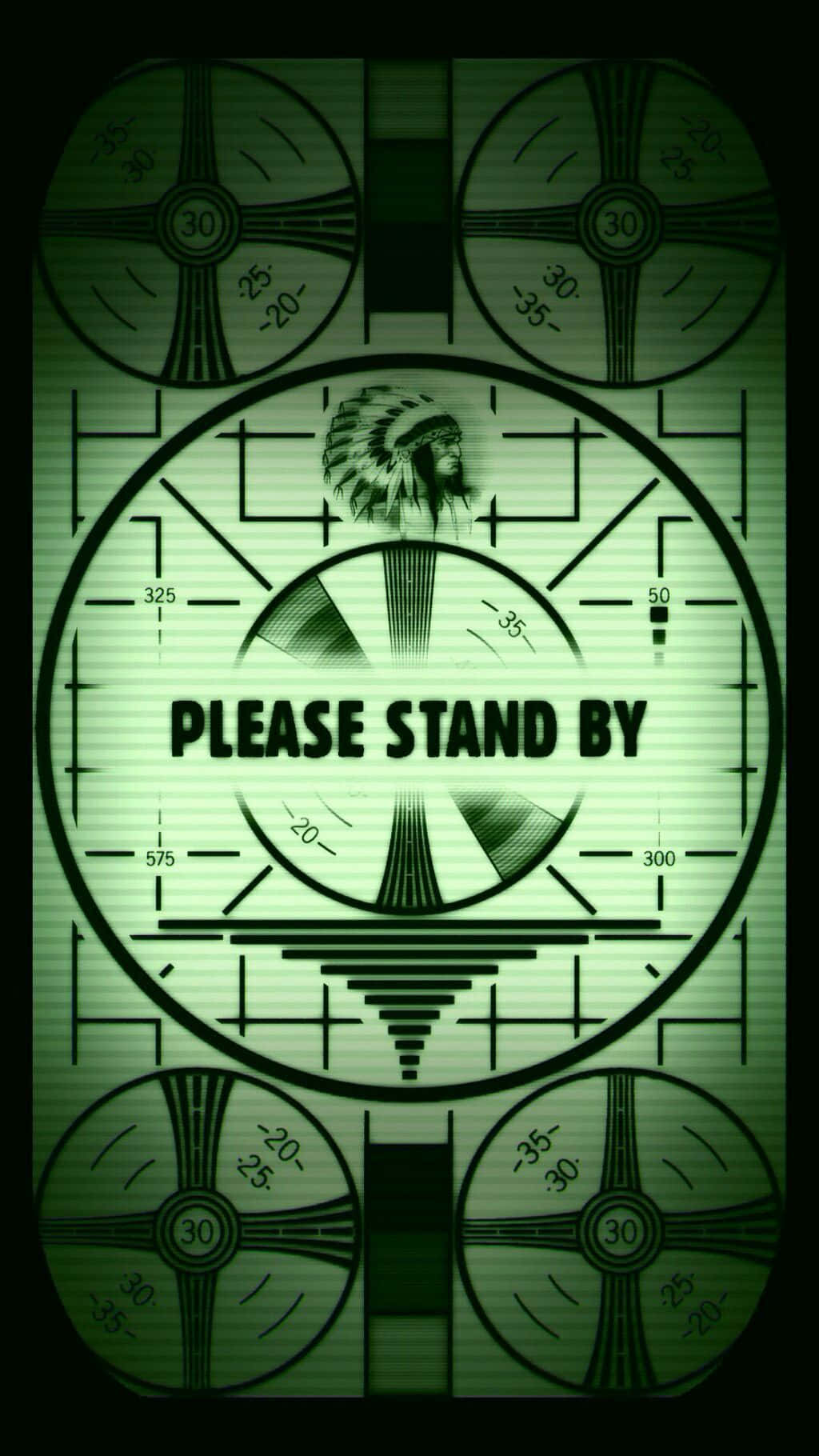 Fallout Shelter 桌布 壁紙 — 一個綠色調的雷達螢幕顯示一個美洲原住民側面輪廓，帶有「PLEASE STAND BY」文字和方向標記。