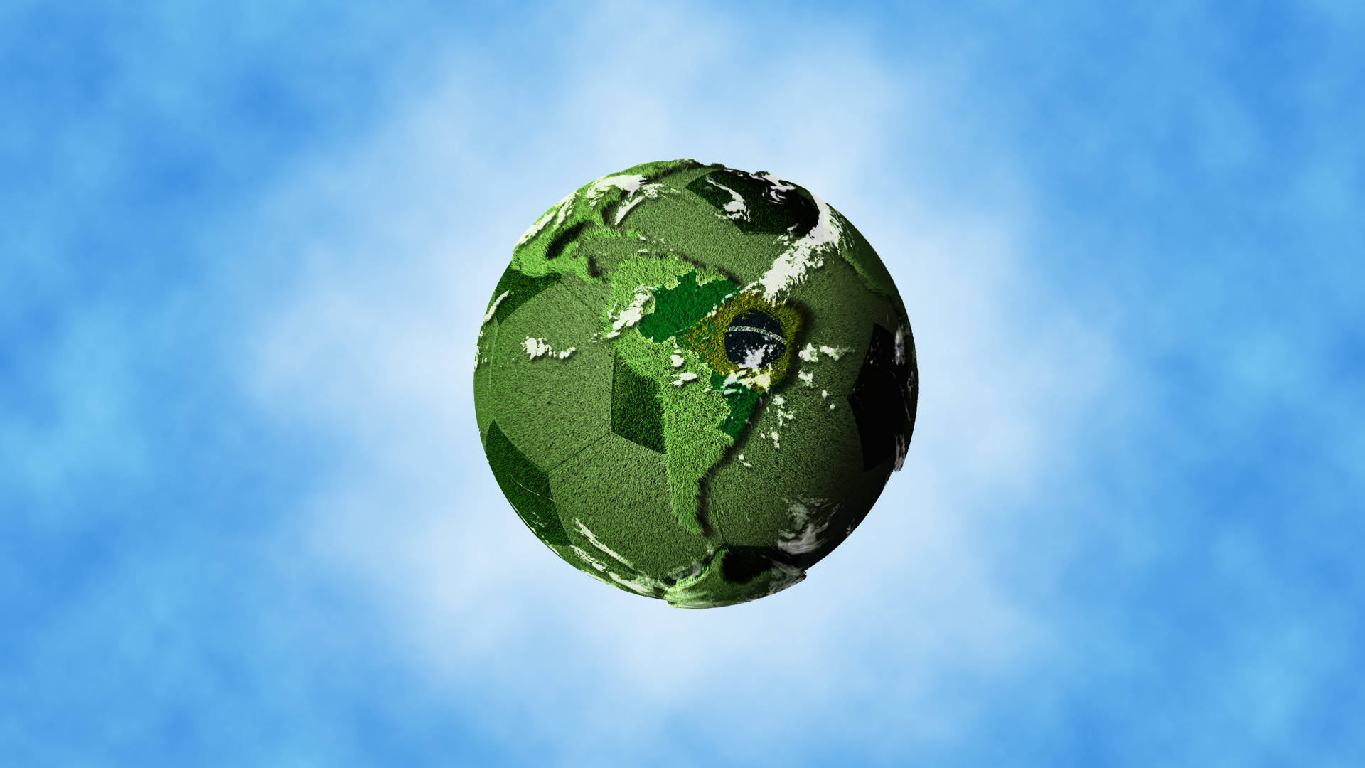 World 桌布 壁紙 — 一個綠色足球，帶有地球大陸的紋理，漂浮在柔和藍天和縷縷白雲中。